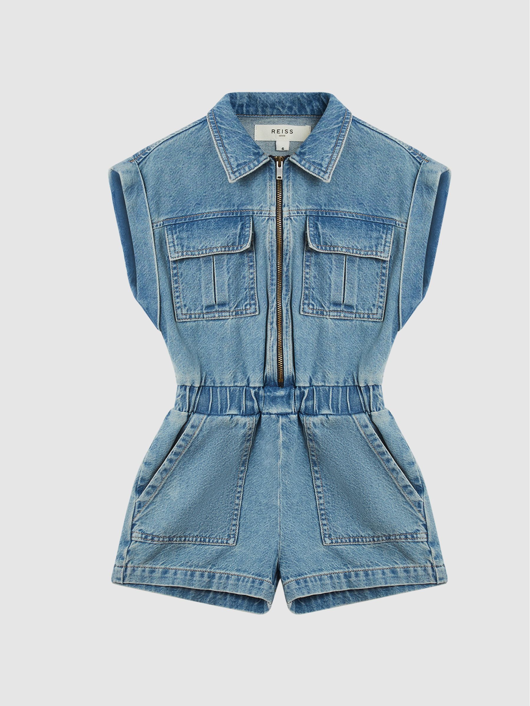 Denim Playsuit in Mid Blue - Image 2 of 6