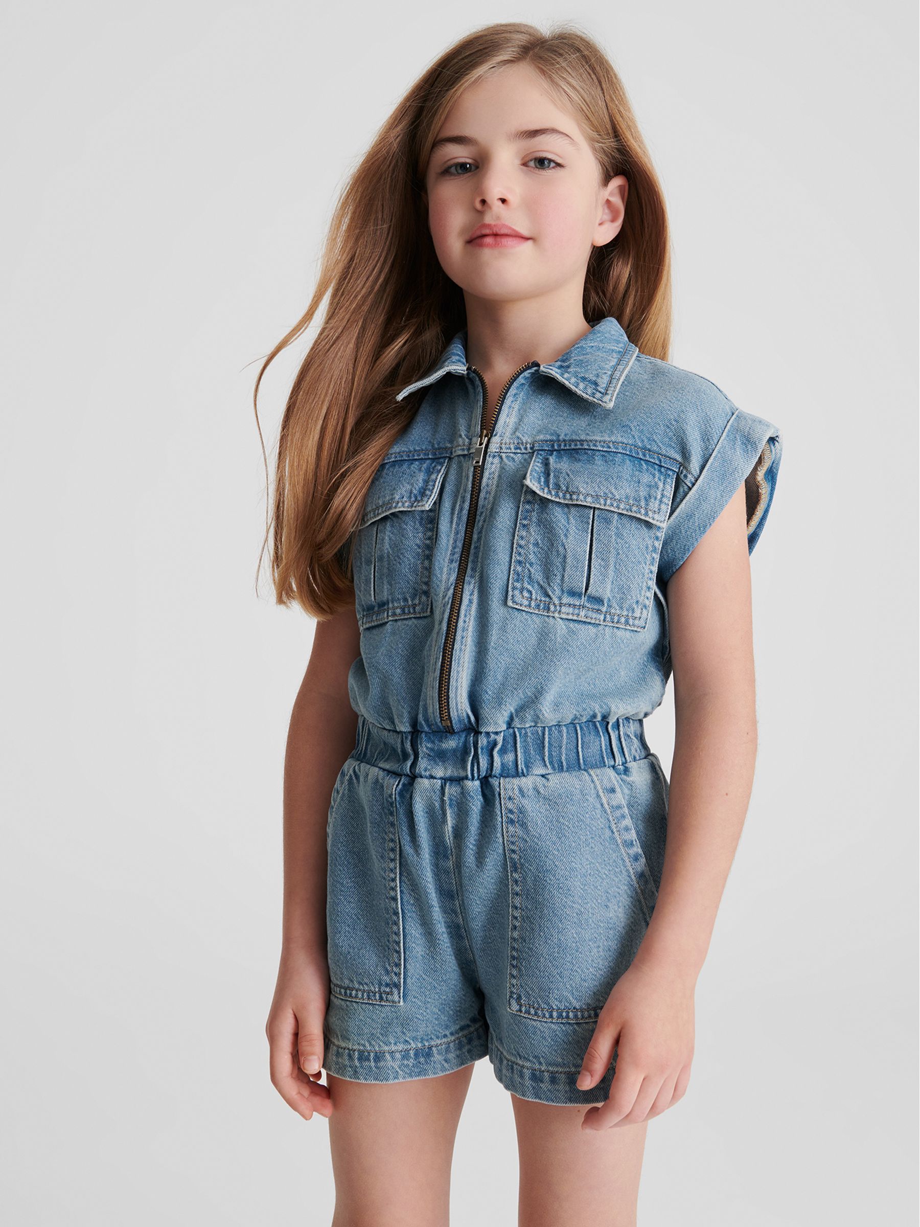 Denim Playsuit in Mid Blue - Image 3 of 6