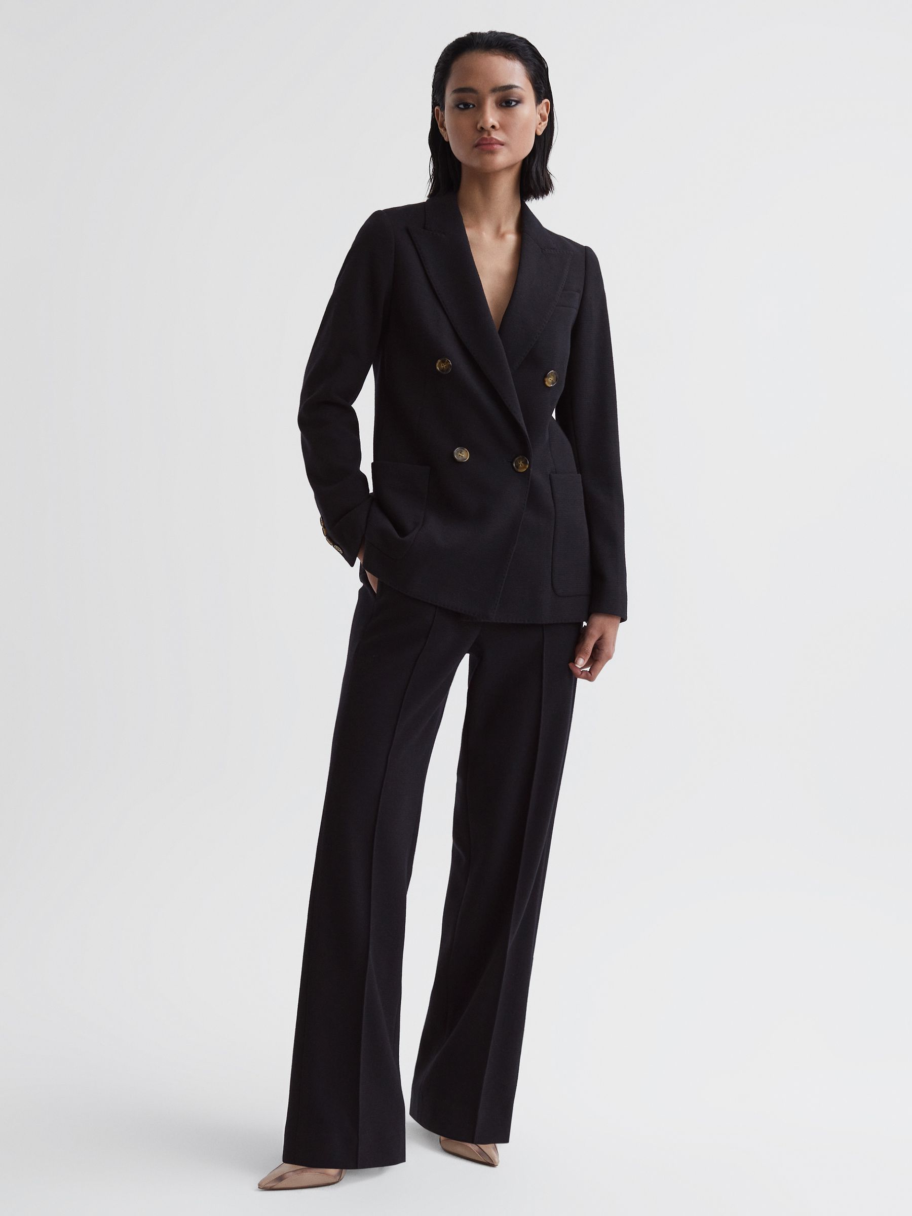 Wool Blend Wide Leg Suit Trousers in Navy - Image 4 of 6
