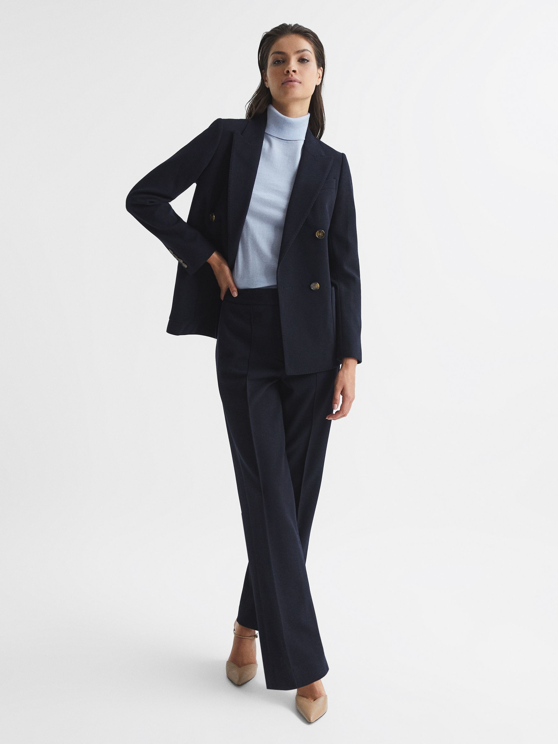 Wool Blend Wide Leg Suit Trousers in Navy - Image 6 of 6