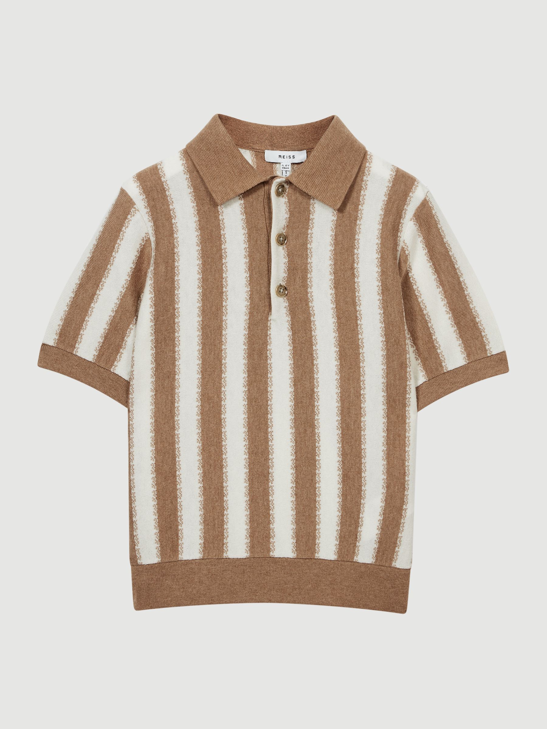 Open Collar Stripe Polo in Ecru/Camel - Image 2 of 5 Open Collar Stripe Polo in Ecru/Camel - Image 2 of 5