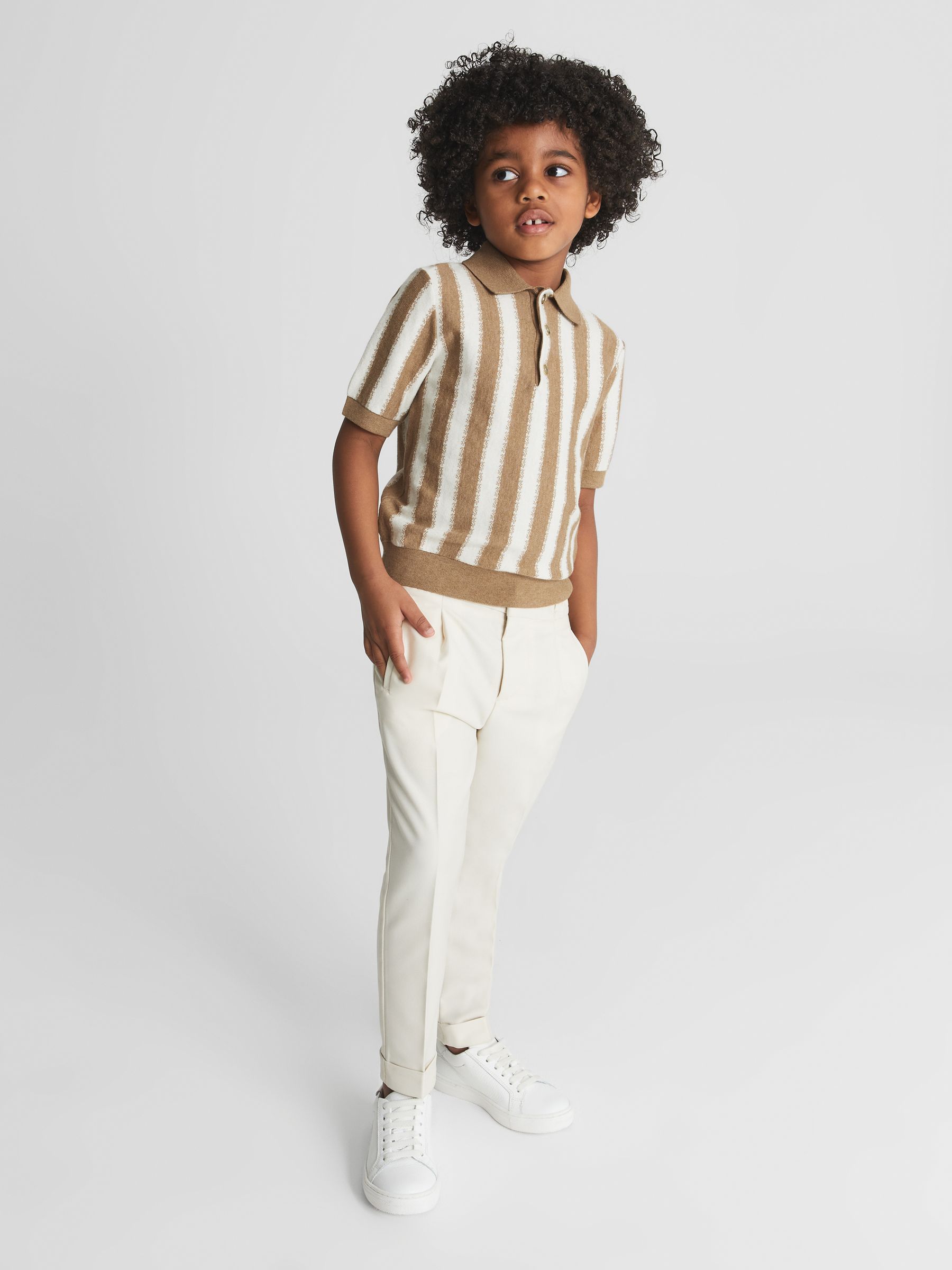 Open Collar Stripe Polo in Ecru/Camel - Image 3 of 5