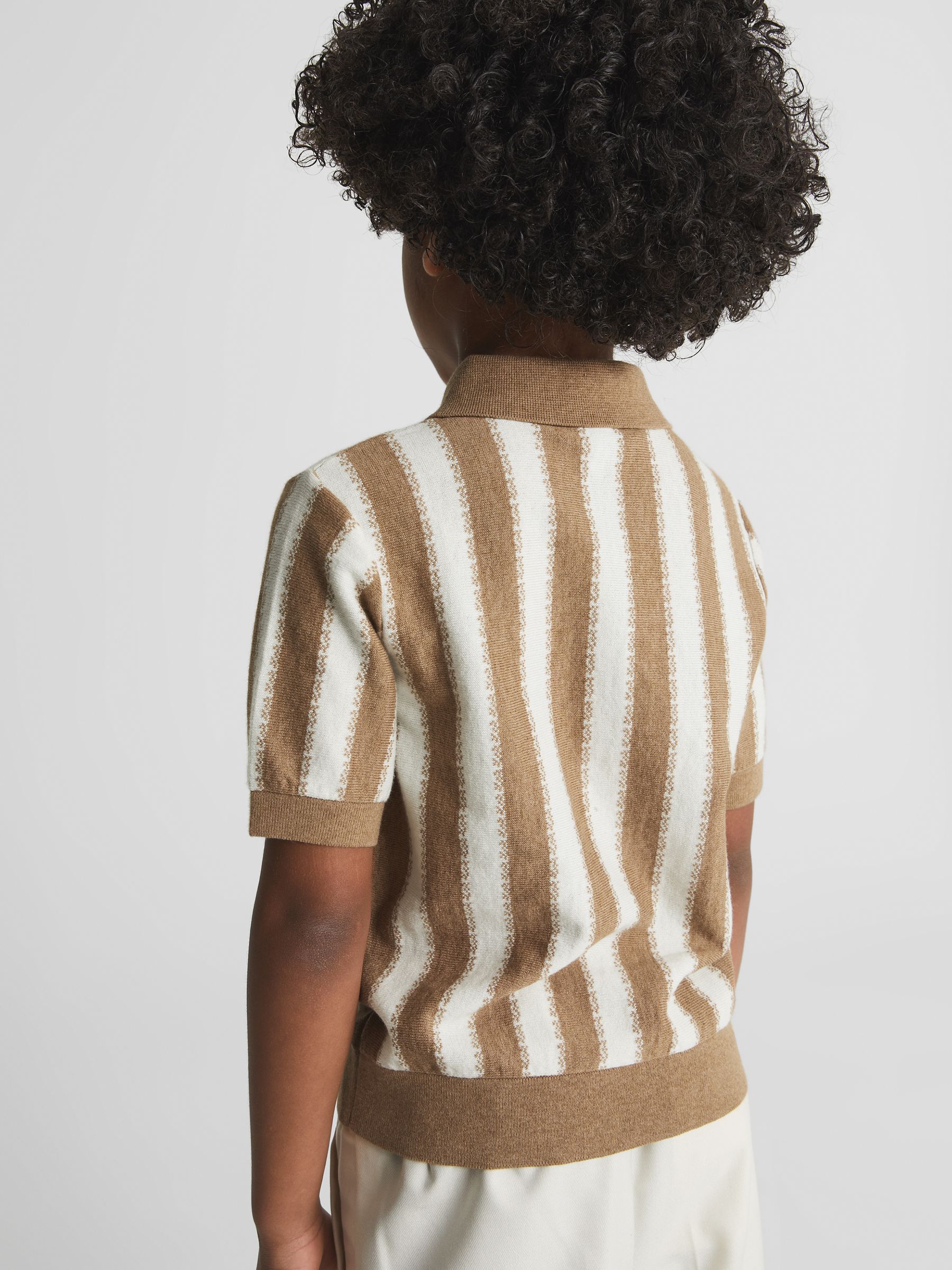Open Collar Stripe Polo in Ecru/Camel - Image 4 of 5