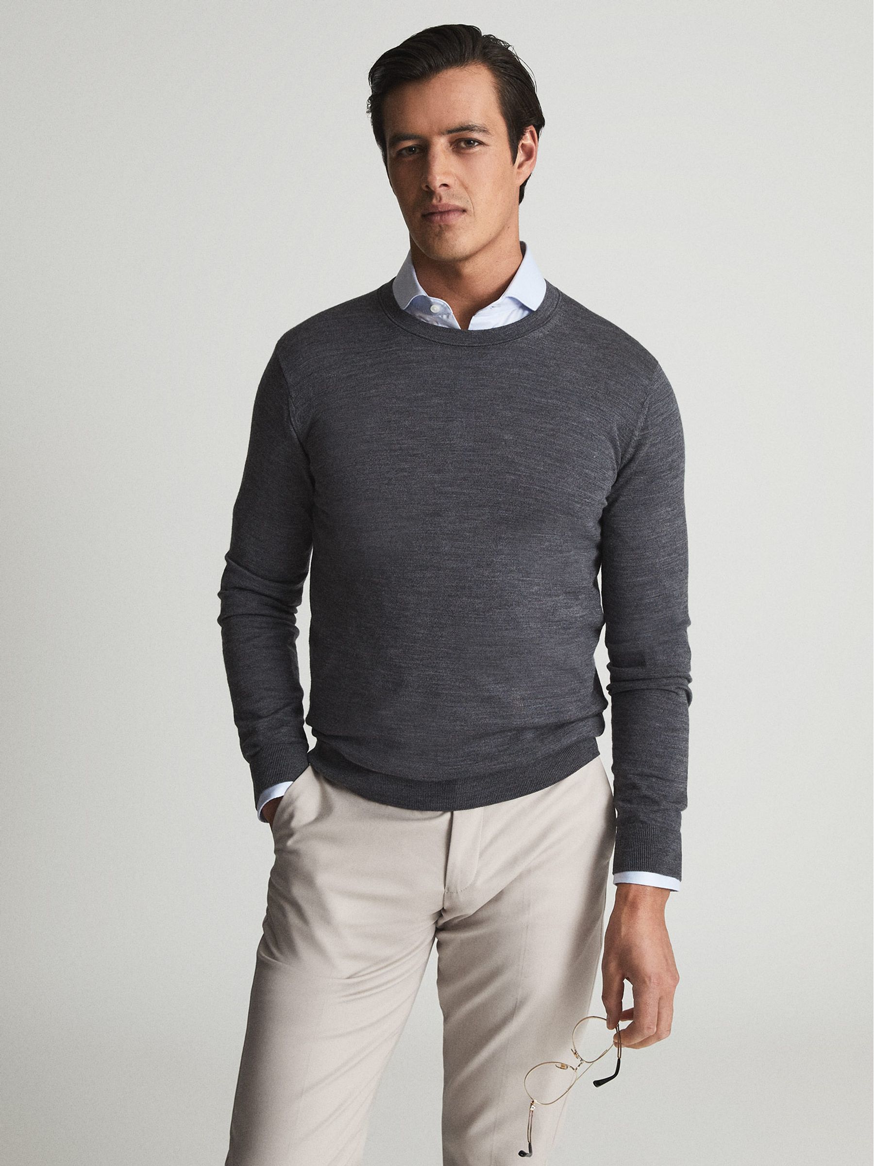 Merino Wool Crew Neck Jumper in Mid Grey Melange - Image 1 of 6