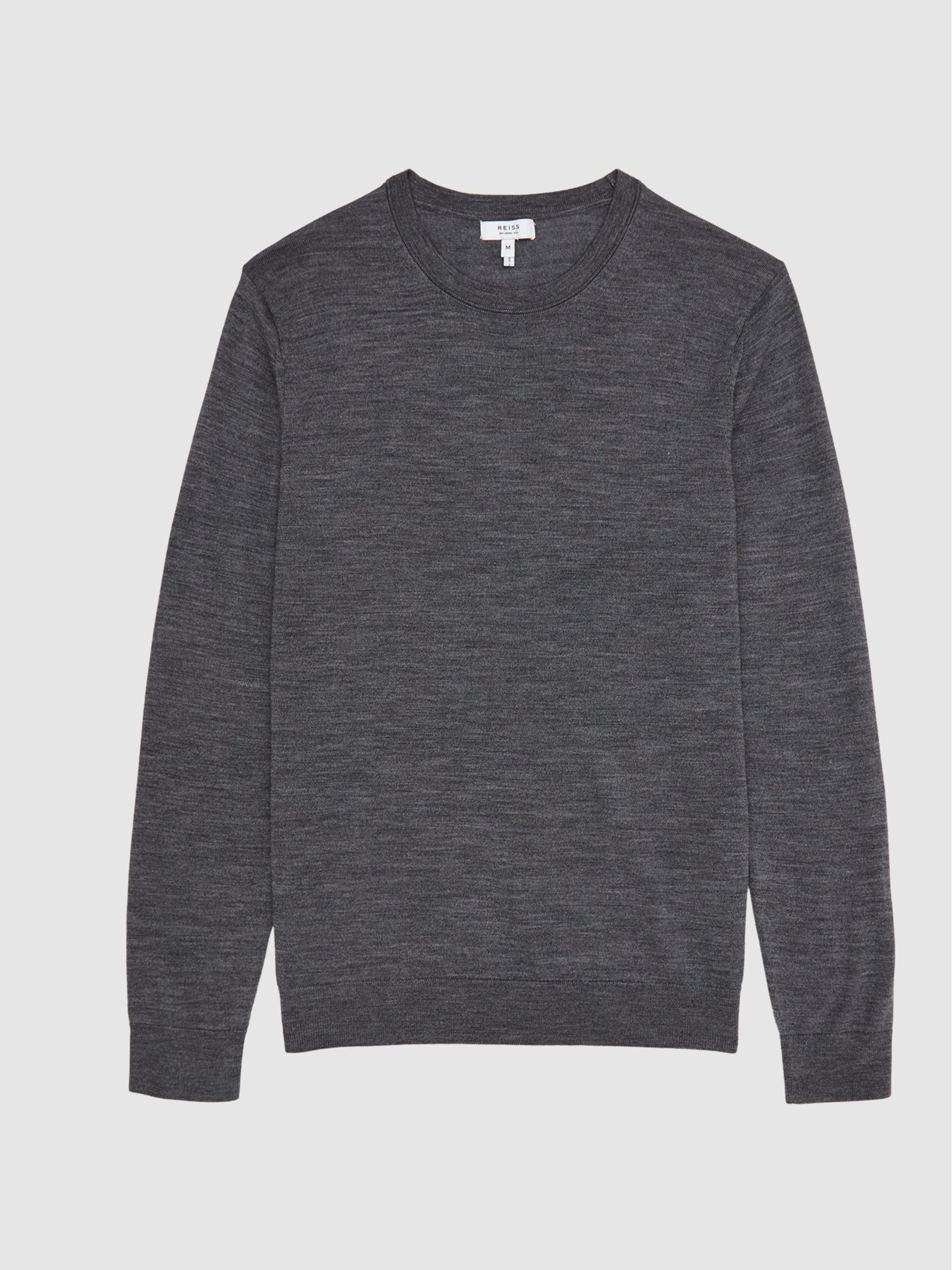 Merino Wool Crew Neck Jumper in Mid Grey Melange - Image 2 of 6