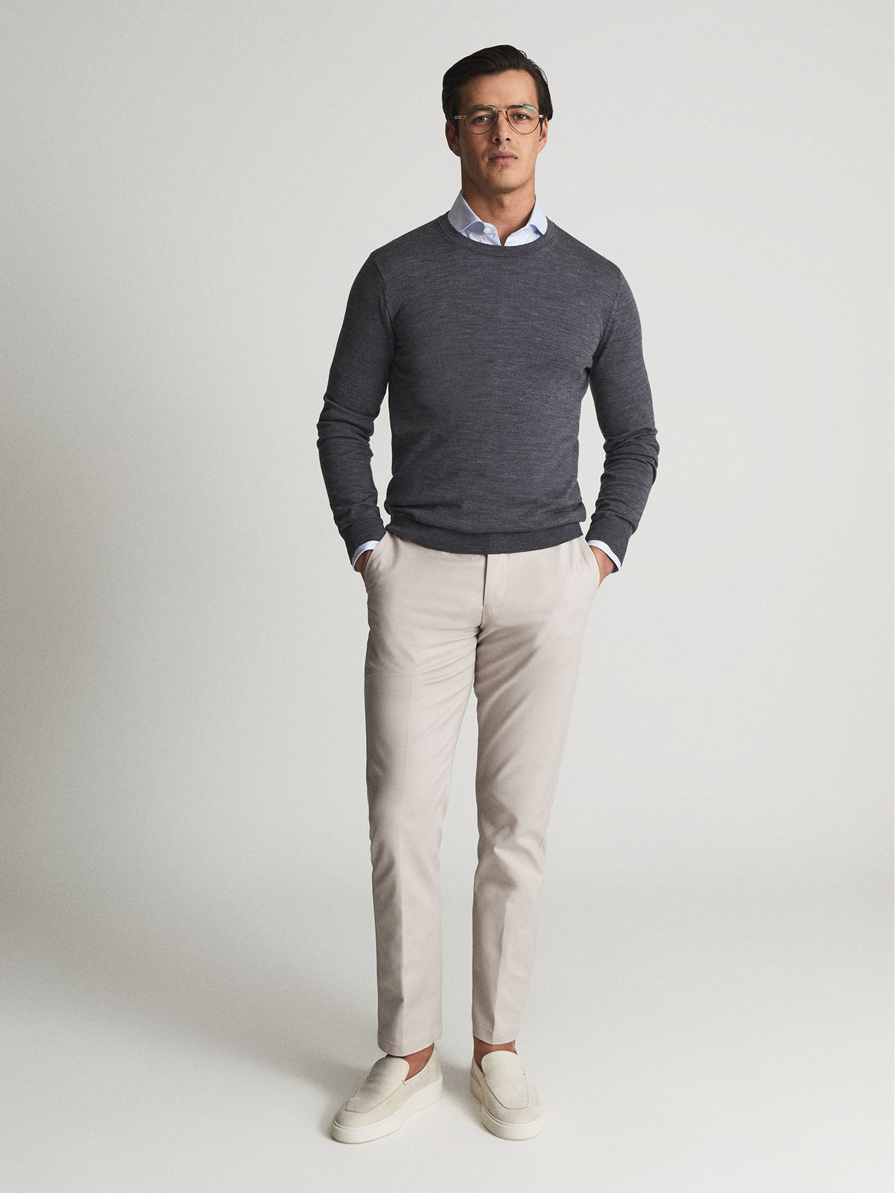 Merino Wool Crew Neck Jumper in Mid Grey Melange - Image 3 of 6