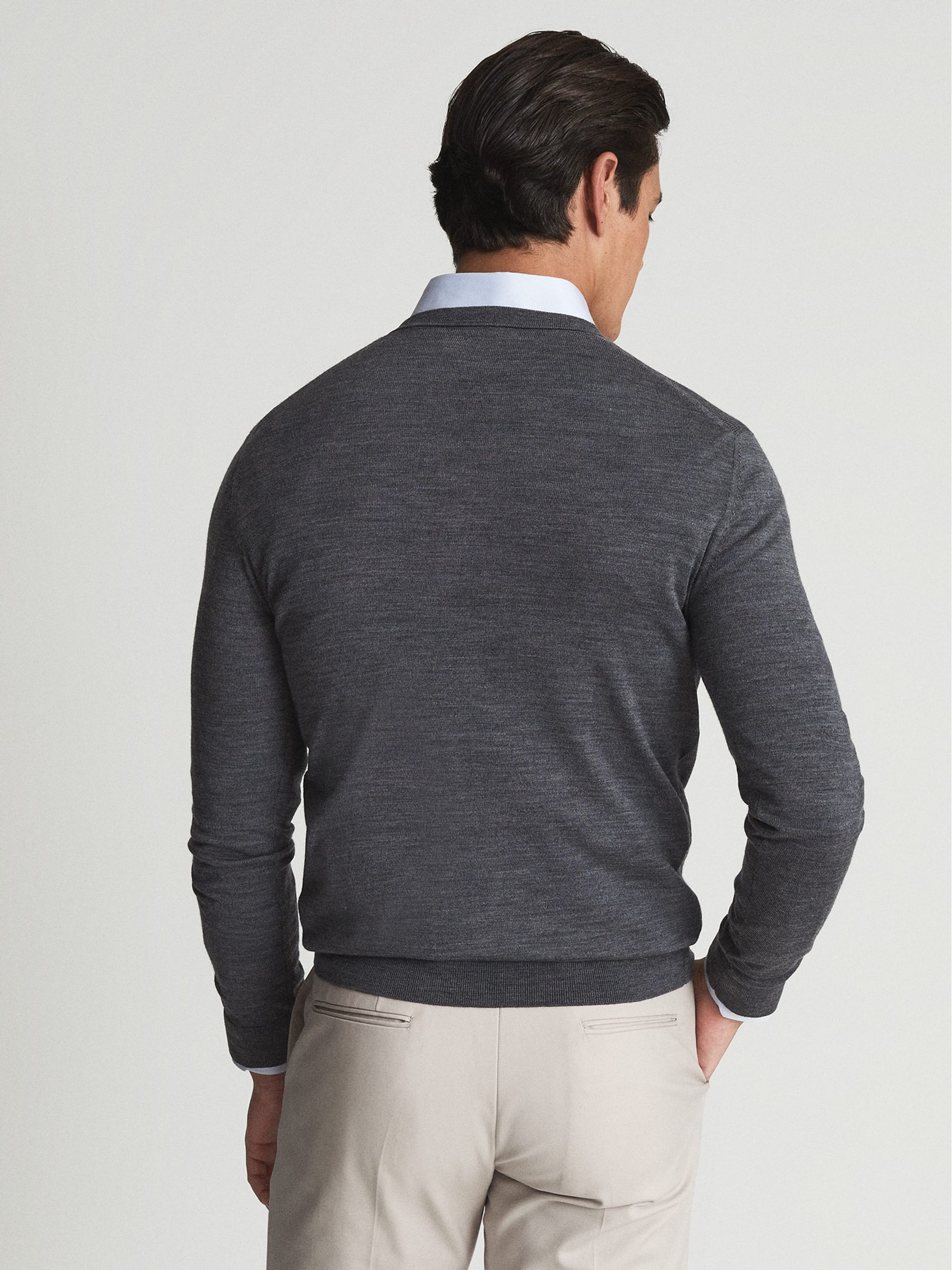 Merino Wool Crew Neck Jumper in Mid Grey Melange - Image 4 of 6