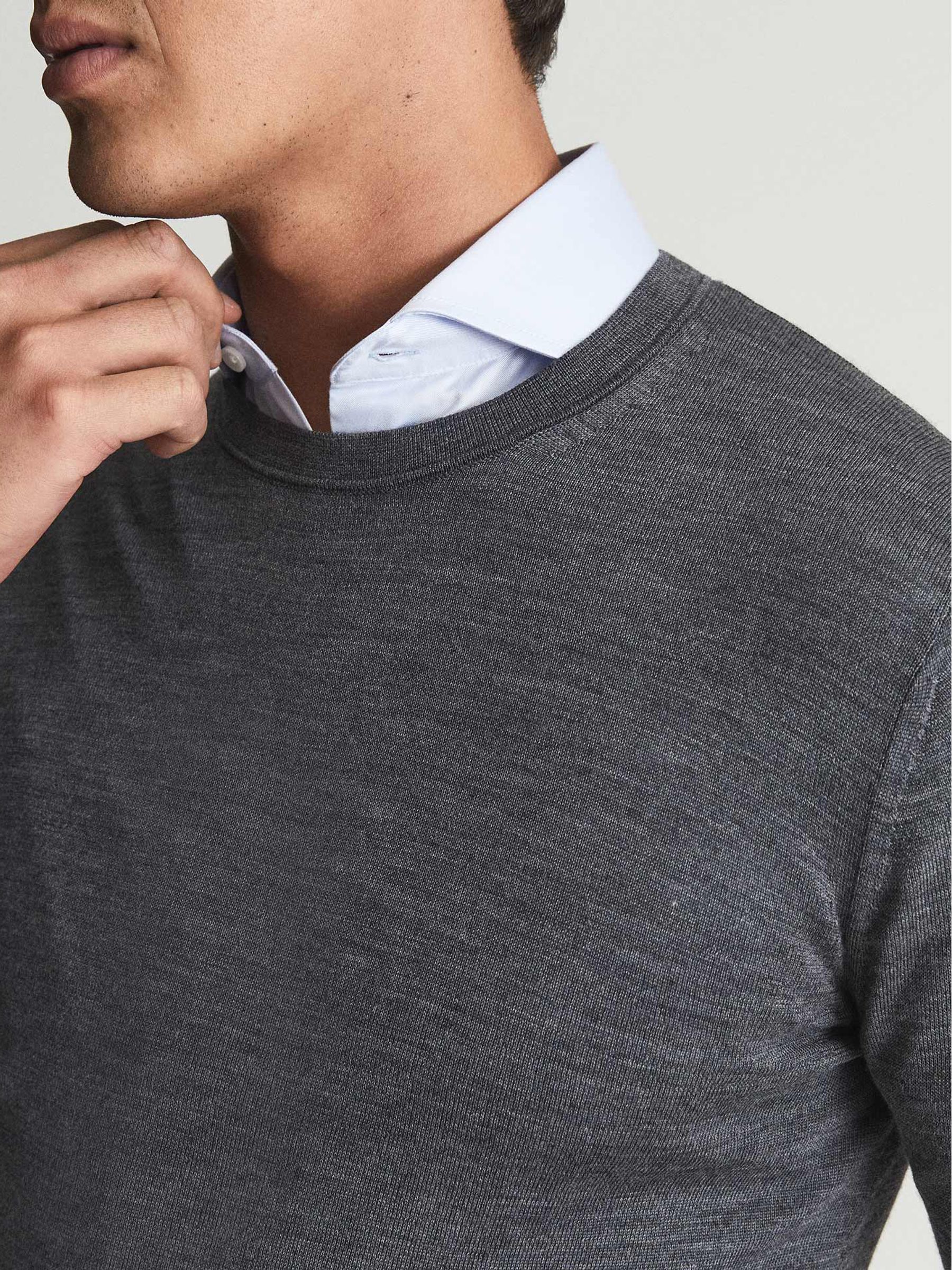 Merino Wool Crew Neck Jumper in Mid Grey Melange - Image 5 of 6