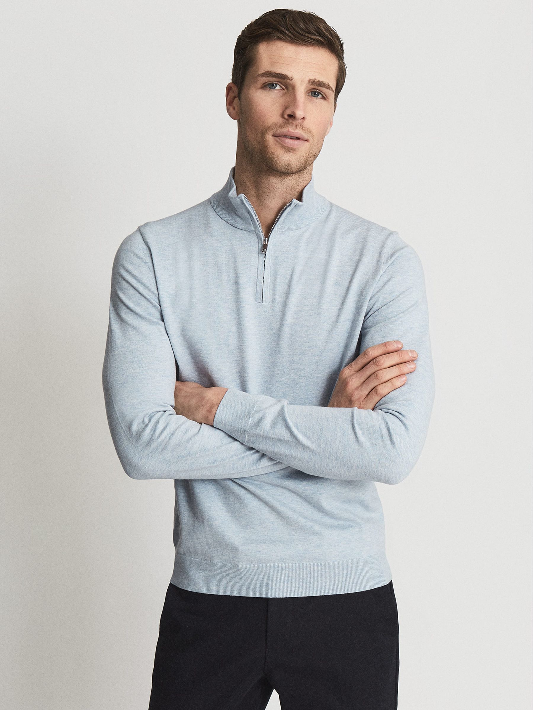 Funnel Neck Half Zip Jumper in Soft Blue Melange - Image 1 of 6