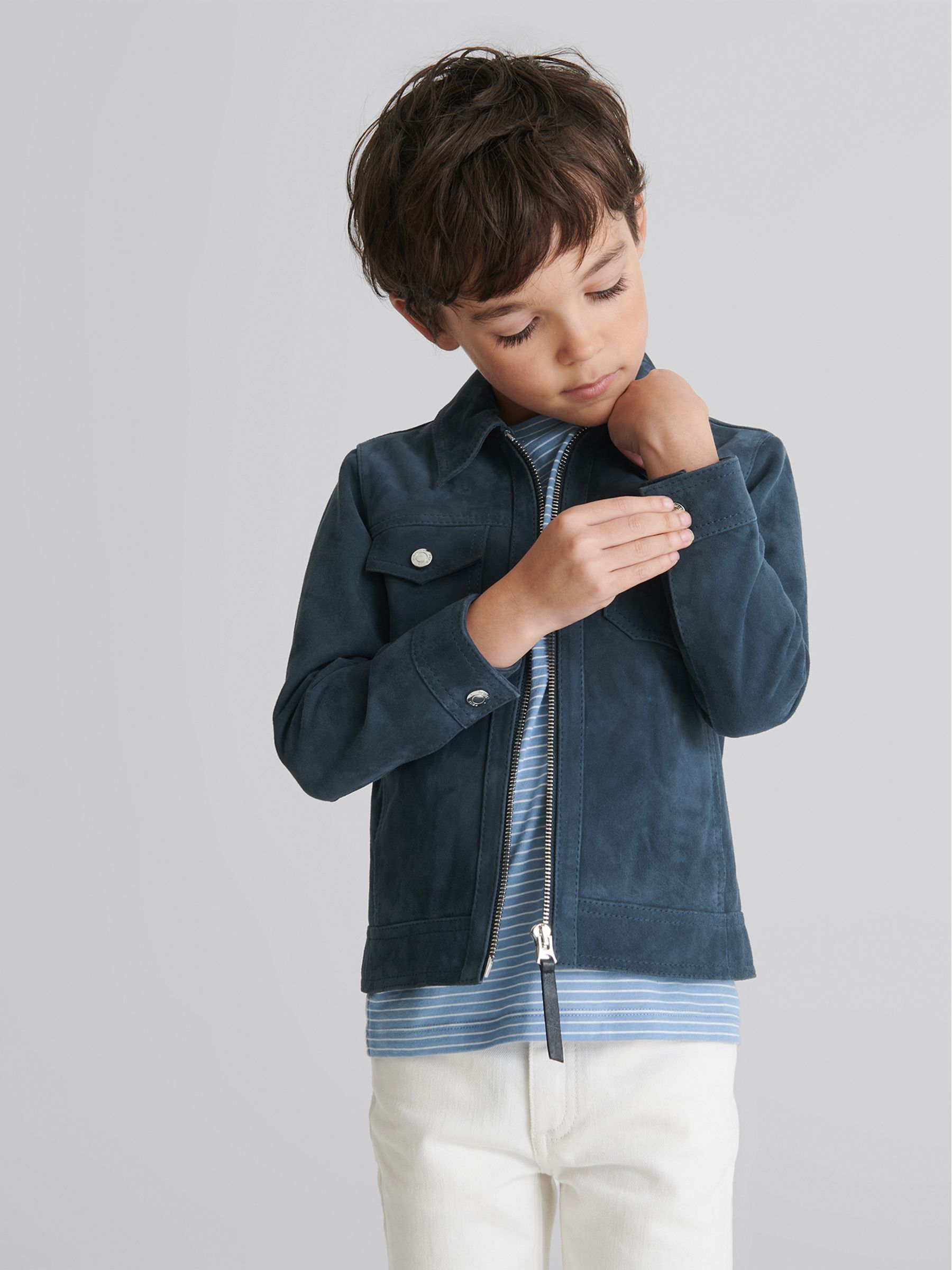 Suede Zip Through Jacket in Blue - Image 1 of 7