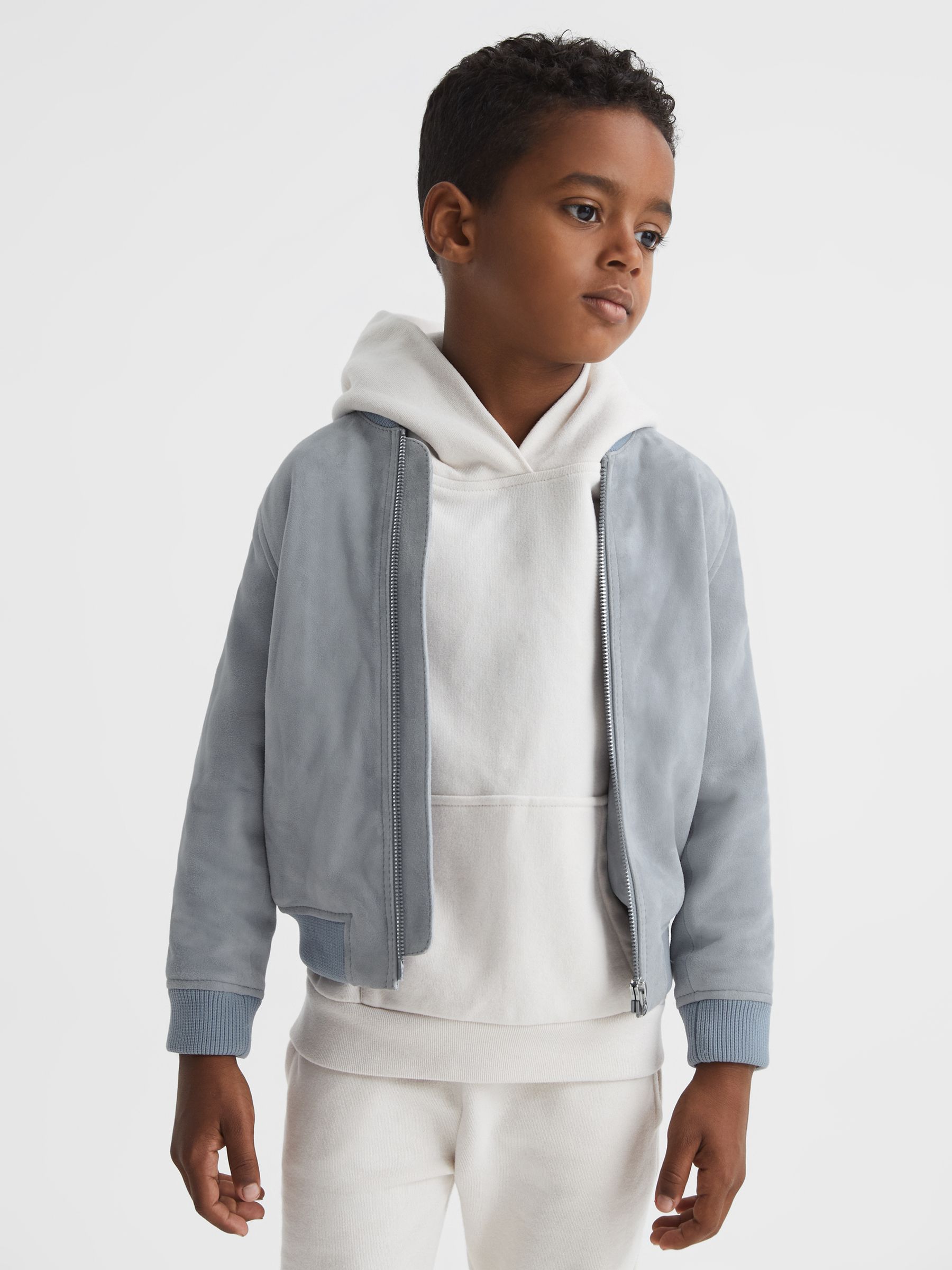Suede Bomber Jacket in Soft Blue - Image 1 of 7