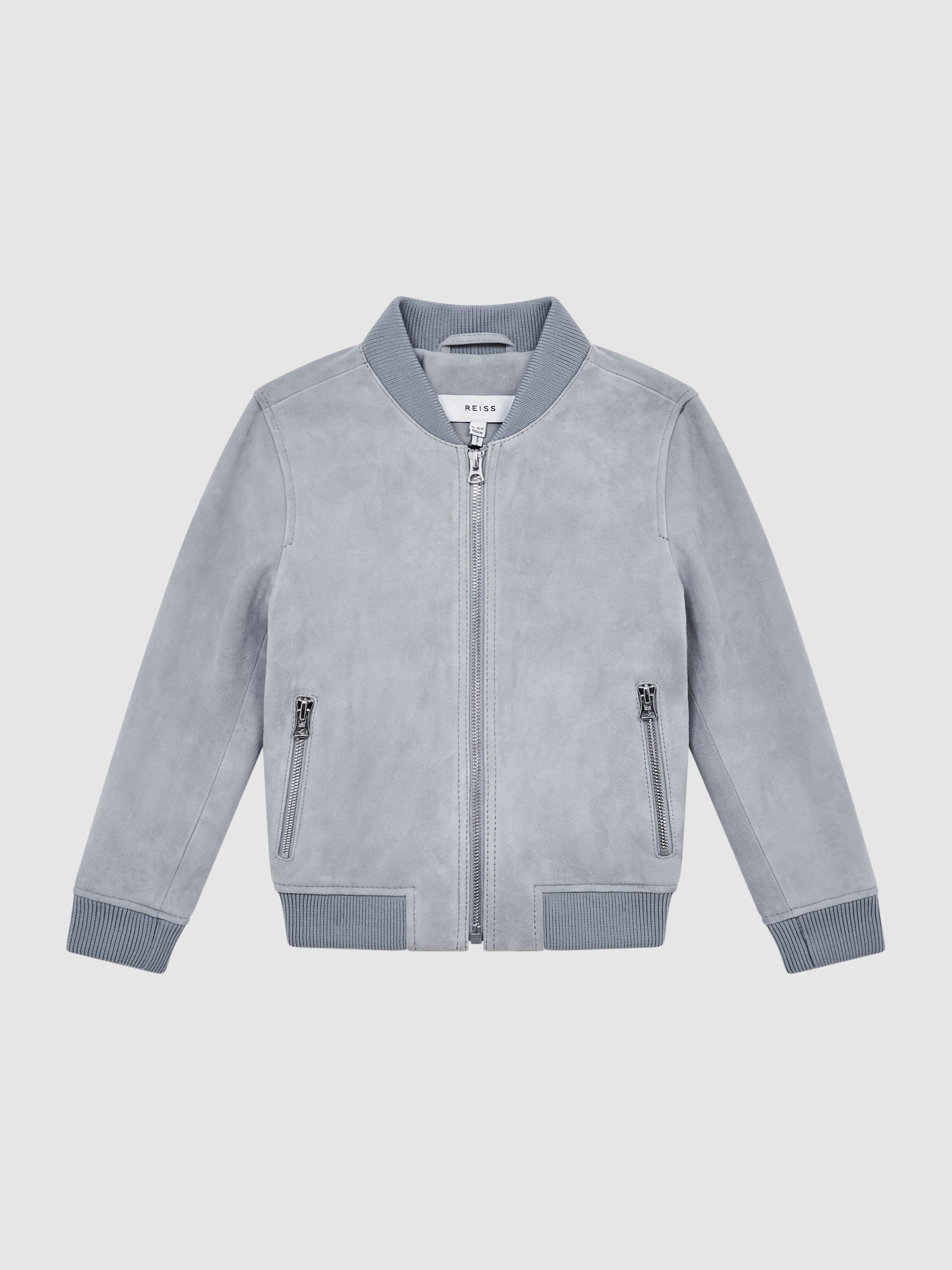 Suede Bomber Jacket in Soft Blue - Image 2 of 7 Suede Bomber Jacket in Soft Blue - Image 2 of 7
