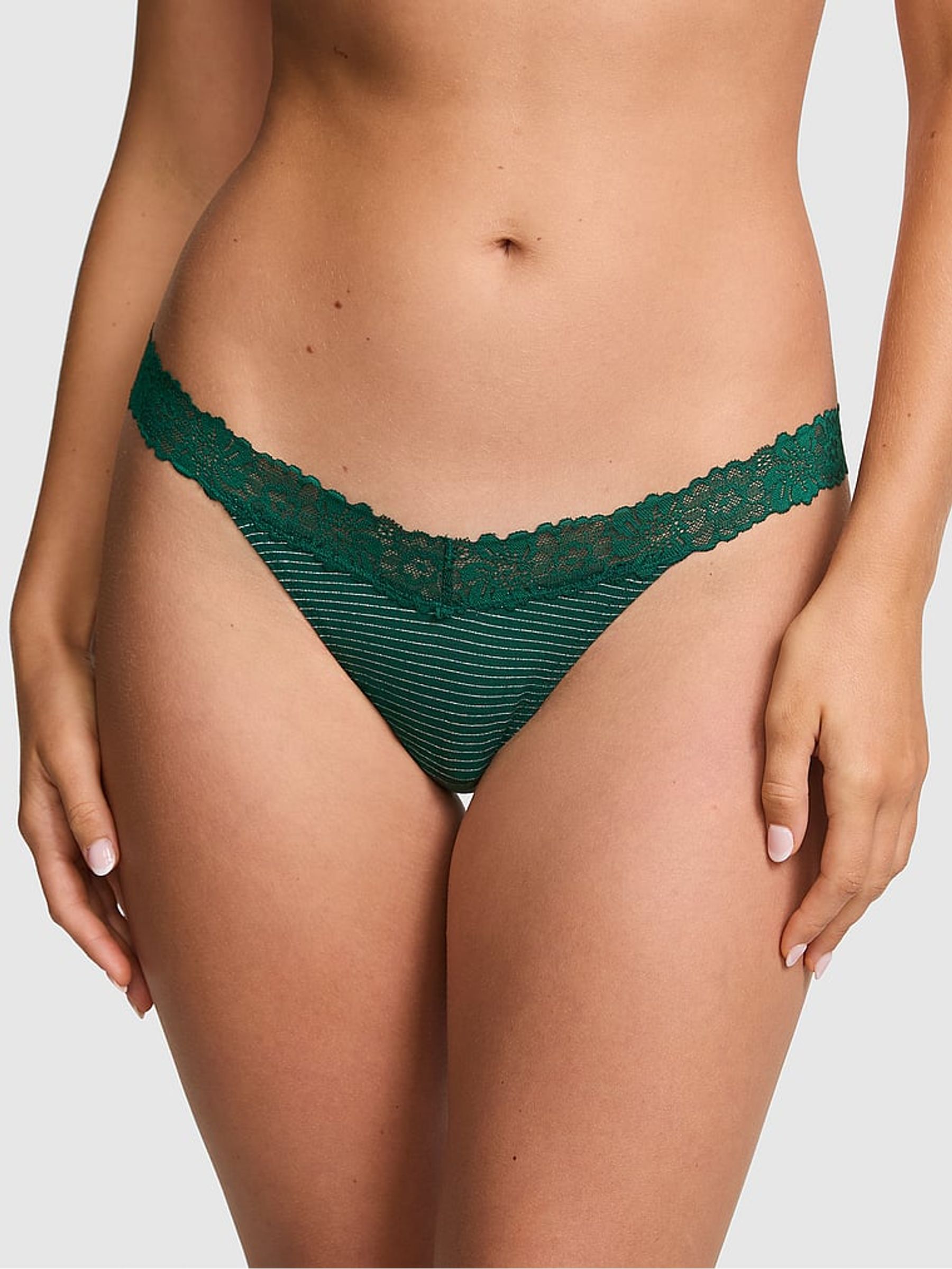 Dark Garden Green Shine Thong Cotton Heather Lace Trim Knickers - Image 1 of 2
