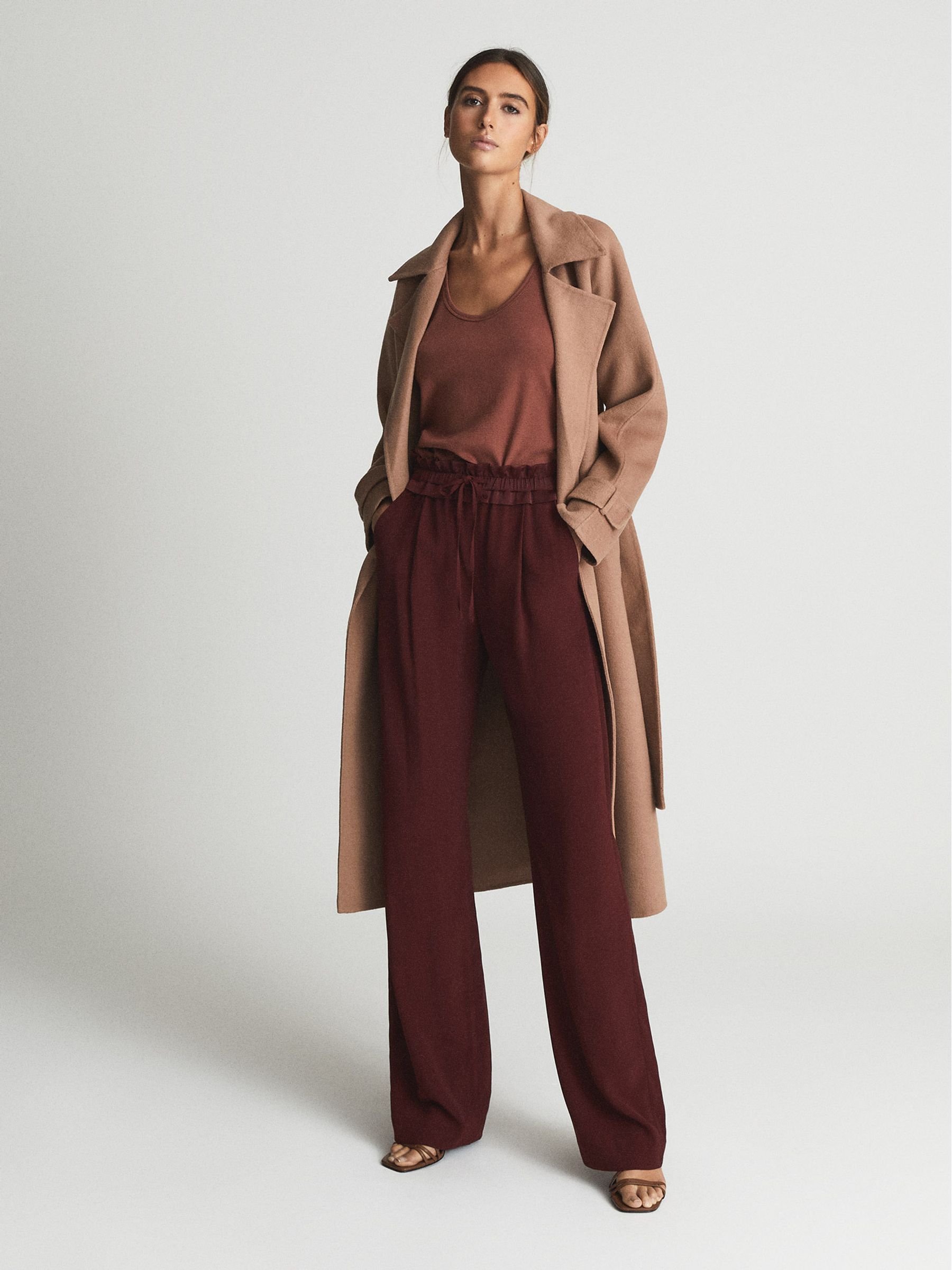 Wide Leg Pull-On Trousers in Burgundy - Image 1 of 6