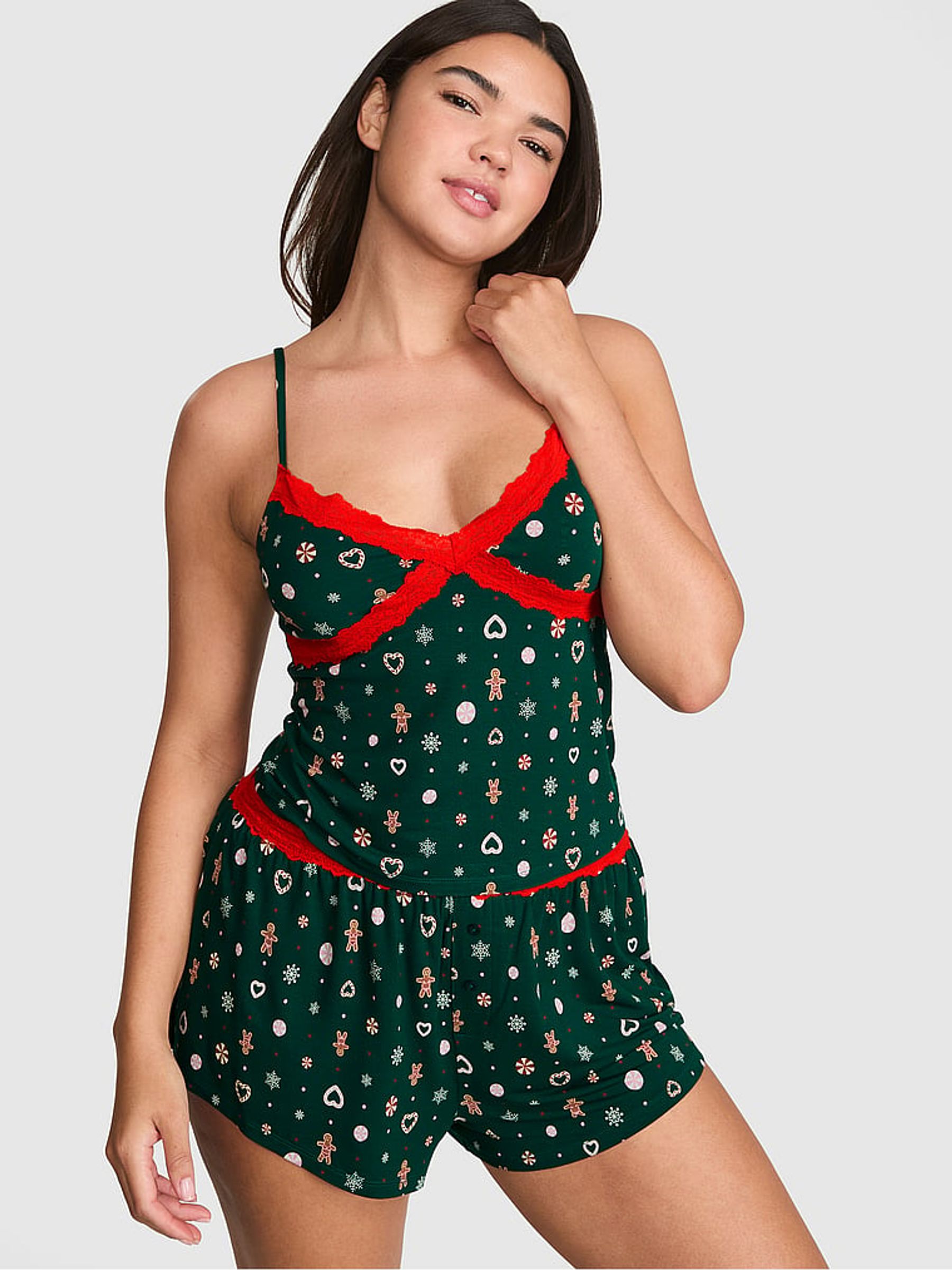 Dark Green Gingerbread Print Modal Lace Cami Pyjama Top - Image 2 of 4 Dark Green Gingerbread Print Modal Lace Cami Pyjama Top - Image 2 of 4