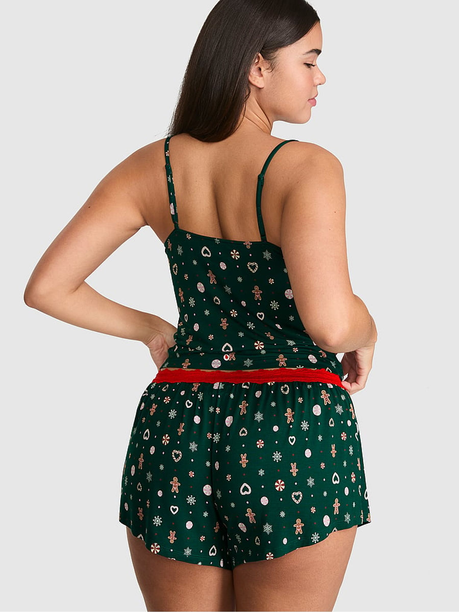 Dark Green Gingerbread Print Modal Lace Cami Pyjama Top - Image 3 of 4
