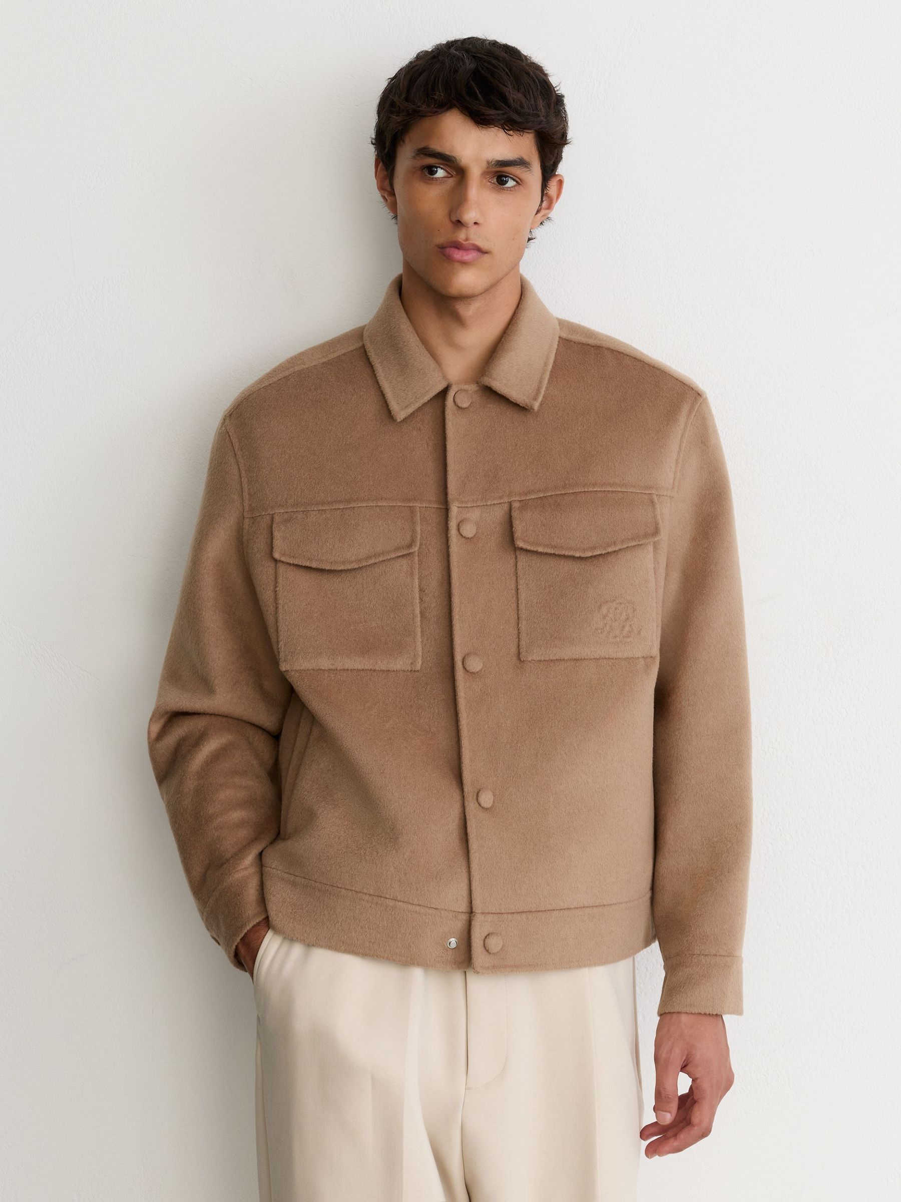 Monogram Wool-Blend Press-Stud Overshirt in Camel - Image 4 de 8