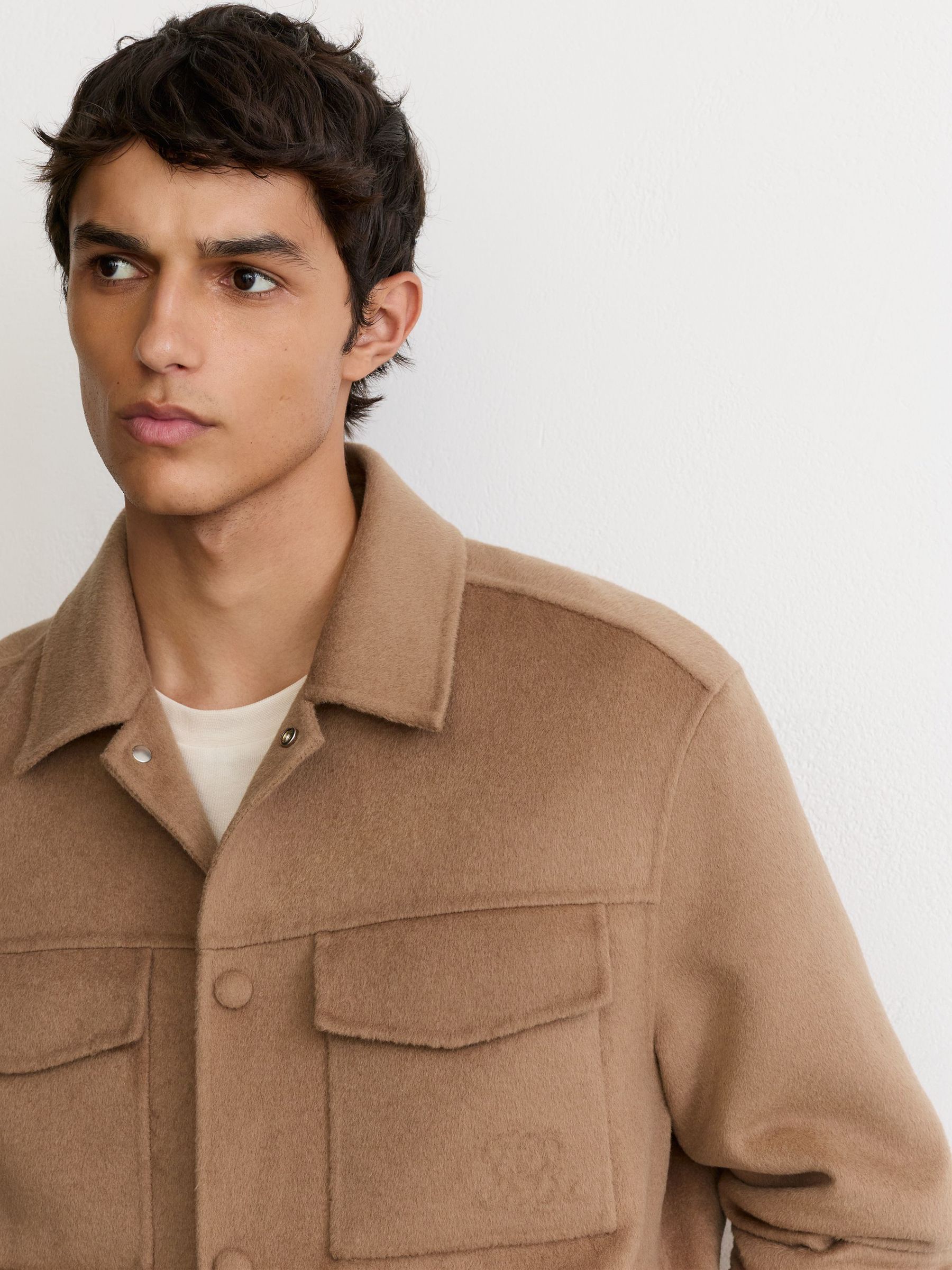 Monogram Wool-Blend Press-Stud Overshirt in Camel - Image 7 de 8