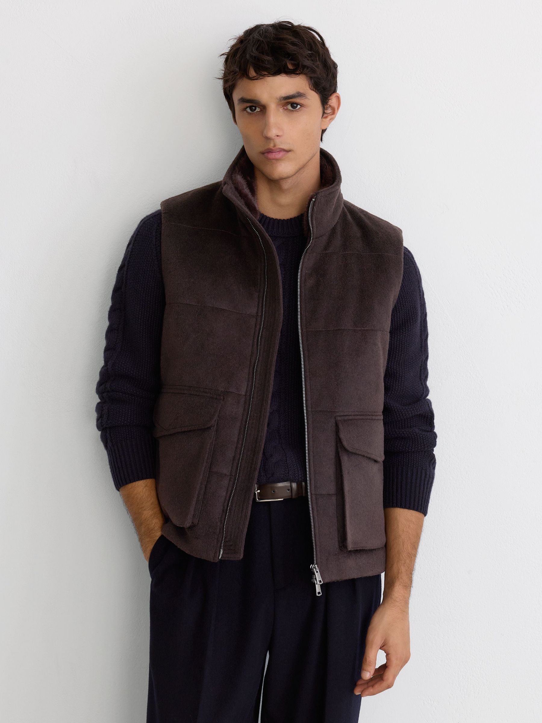 Wool-Blend Faux Fur-Collar Quilted Gilet in Chocolate Brown - Image 1 of 8 Wool-Blend Faux Fur-Collar Quilted Gilet in Chocolate Brown - Image 1 of 8