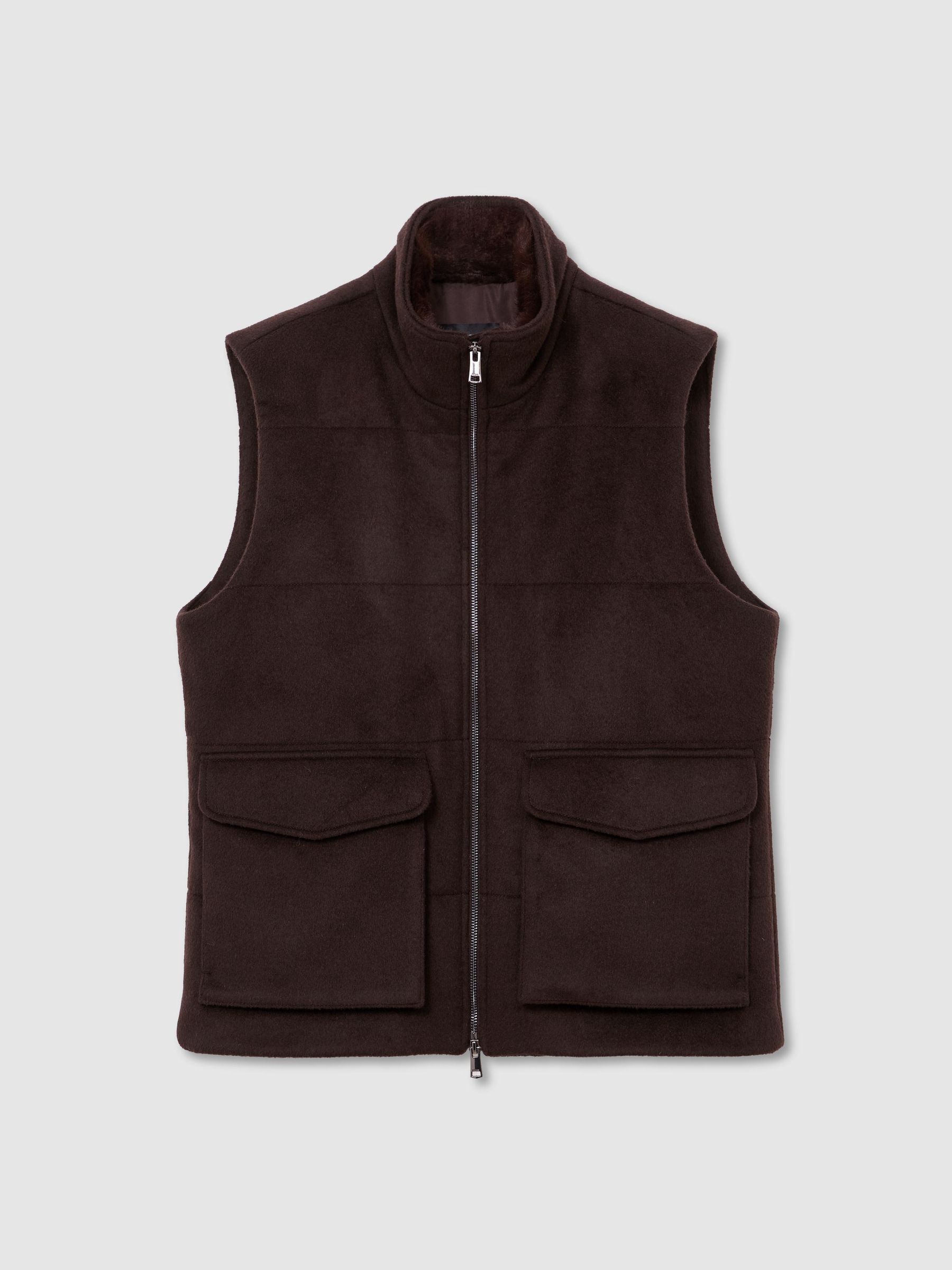 Wool-Blend Faux Fur-Collar Quilted Gilet in Chocolate Brown - Image 2 of 8 Wool-Blend Faux Fur-Collar Quilted Gilet in Chocolate Brown - Image 2 of 8
