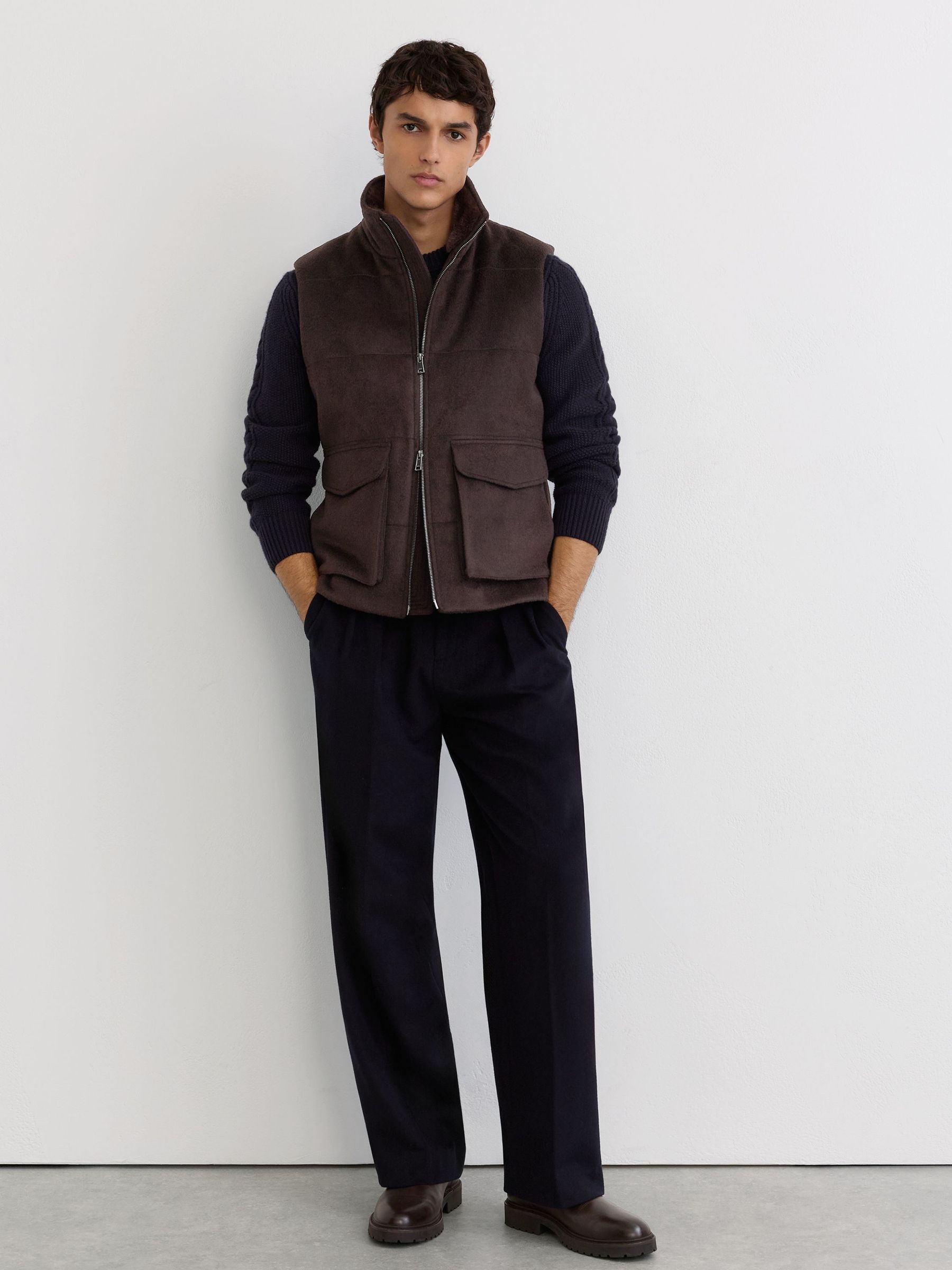 Wool-Blend Faux Fur-Collar Quilted Gilet in Chocolate Brown - Image 3 of 8