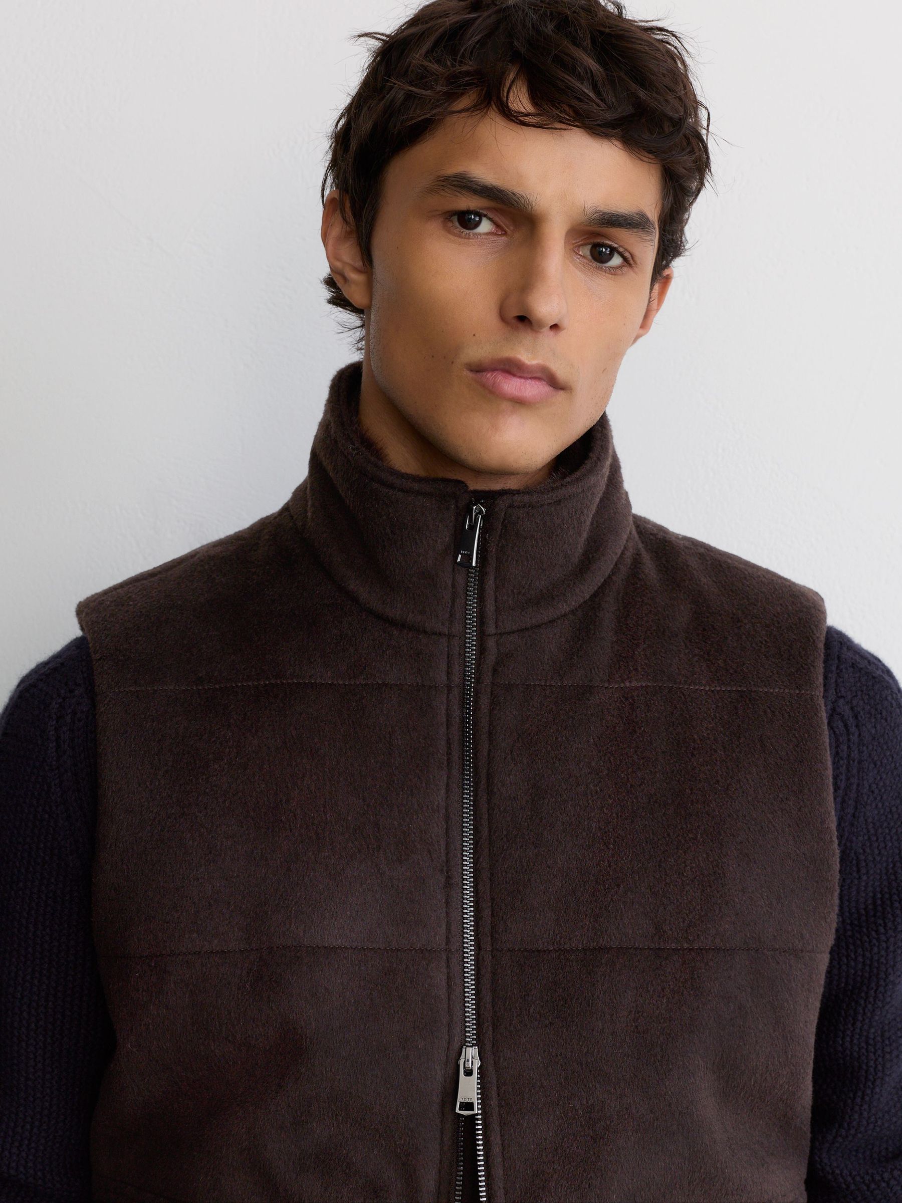 Wool-Blend Faux Fur-Collar Quilted Gilet in Chocolate Brown - Image 4 of 8