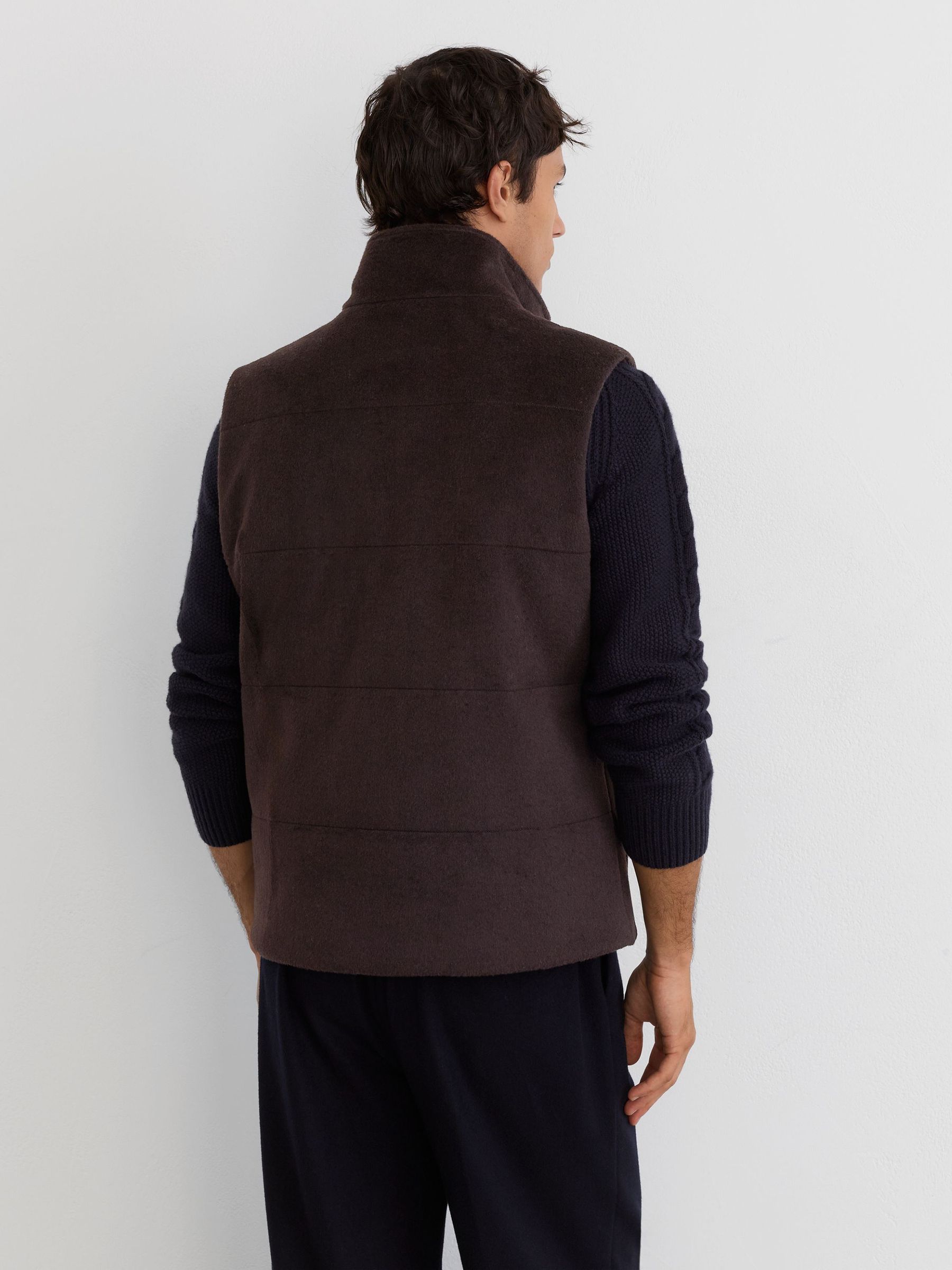 Wool-Blend Faux Fur-Collar Quilted Gilet in Chocolate Brown - Image 5 of 8