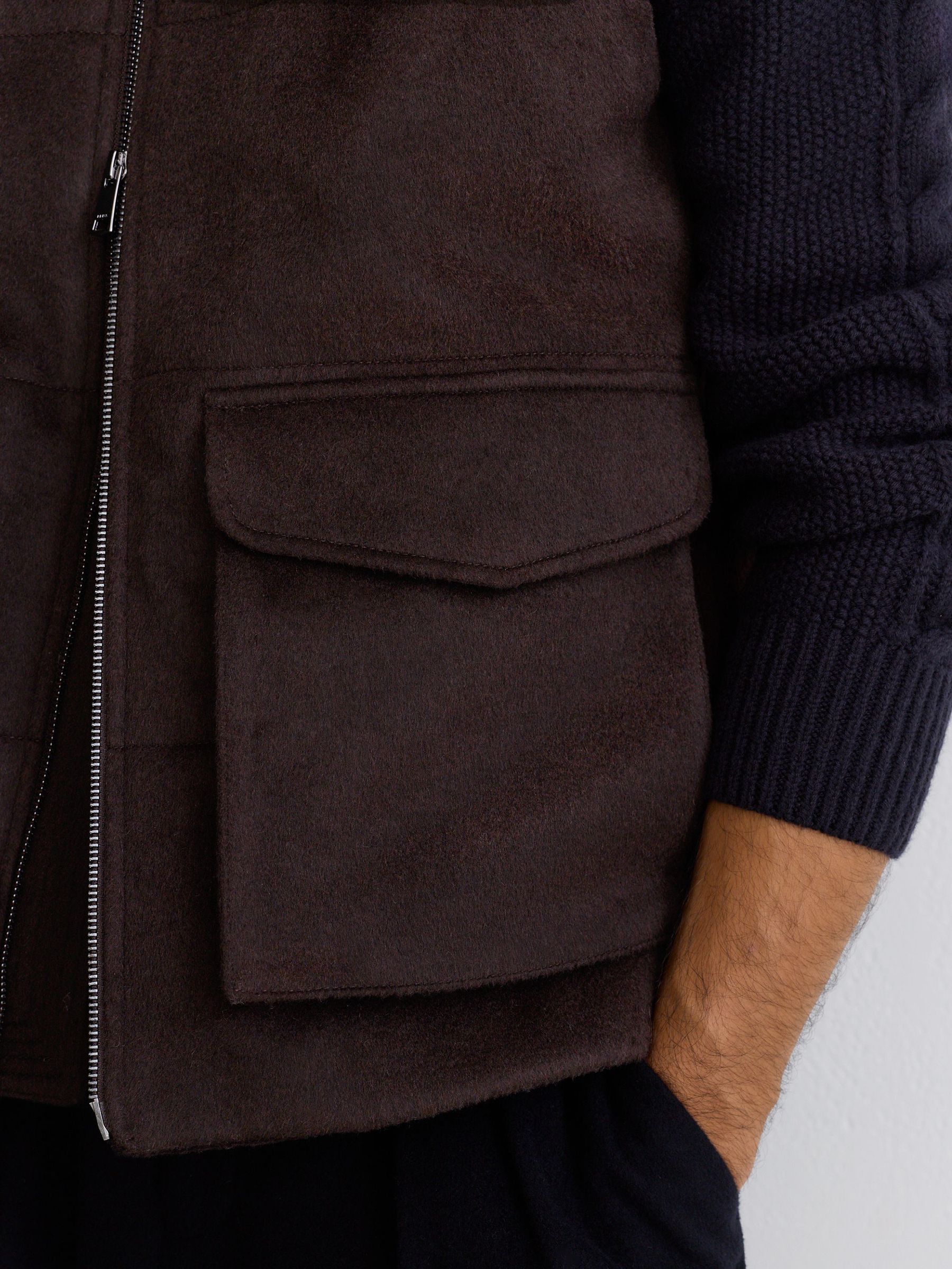 Wool-Blend Faux Fur-Collar Quilted Gilet in Chocolate Brown - Image 6 of 8
