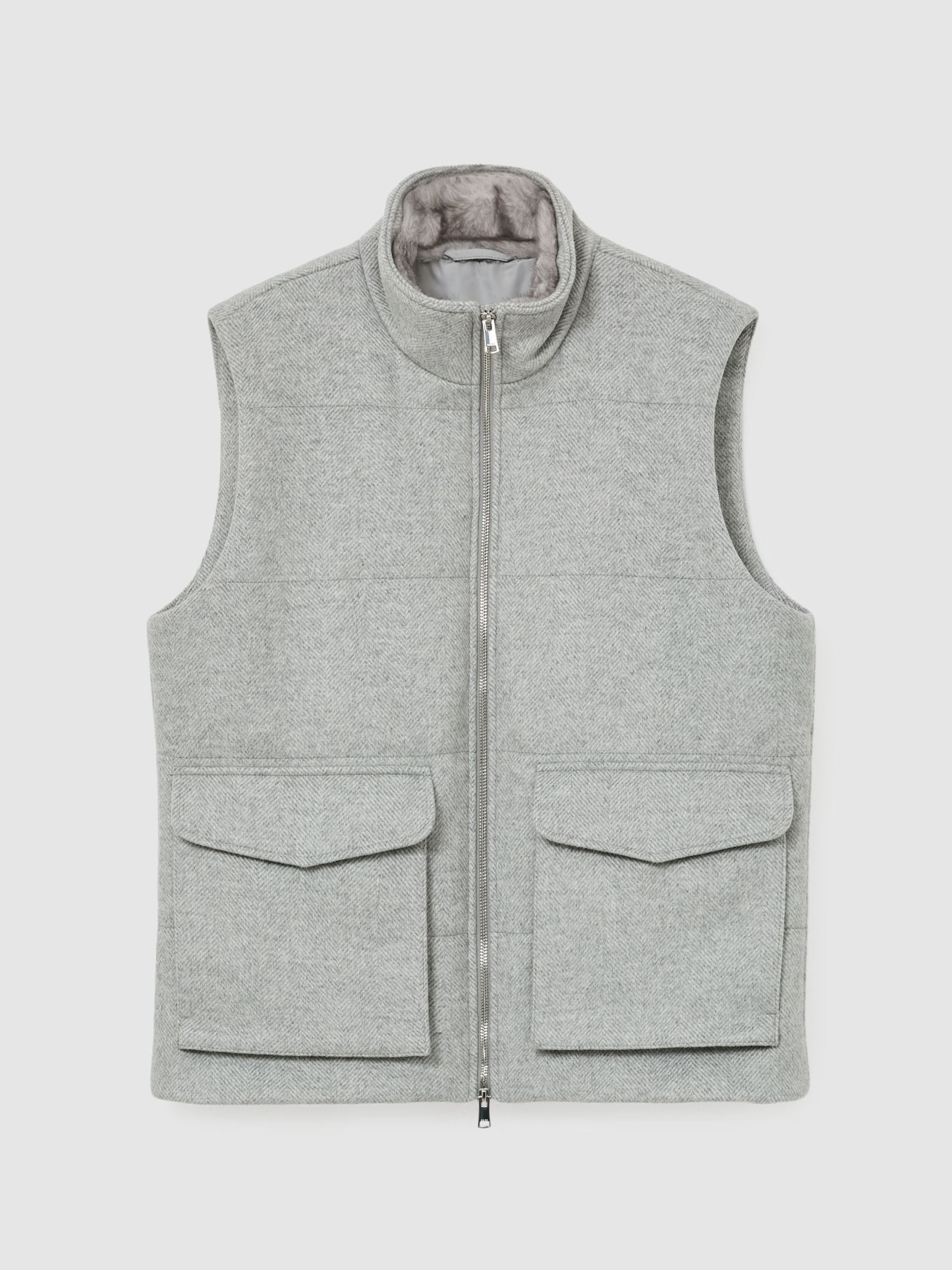 Wool-Blend Faux Fur-Collar Quilted Gilet in Grey - Image 2 of 7