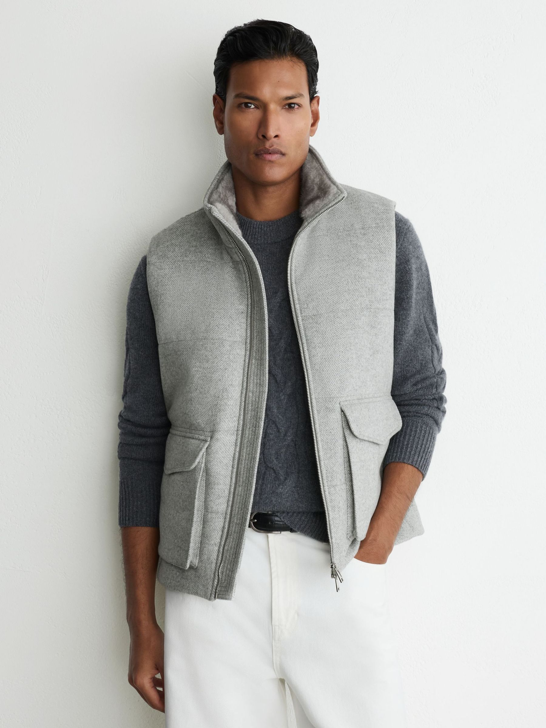 Wool-Blend Faux Fur-Collar Quilted Gilet in Grey - Image 3 of 7