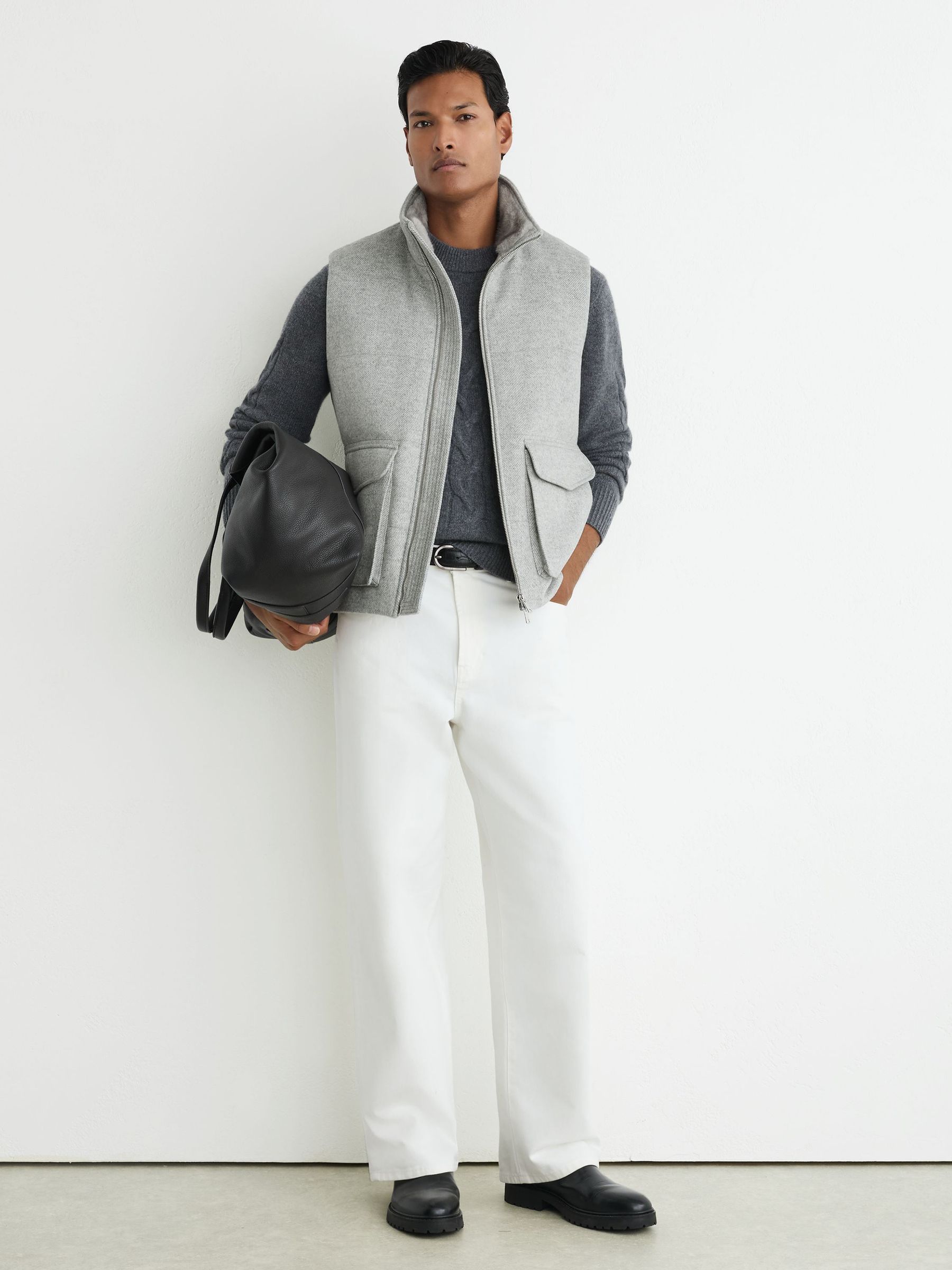 Wool-Blend Faux Fur-Collar Quilted Gilet in Grey - Image 5 of 7