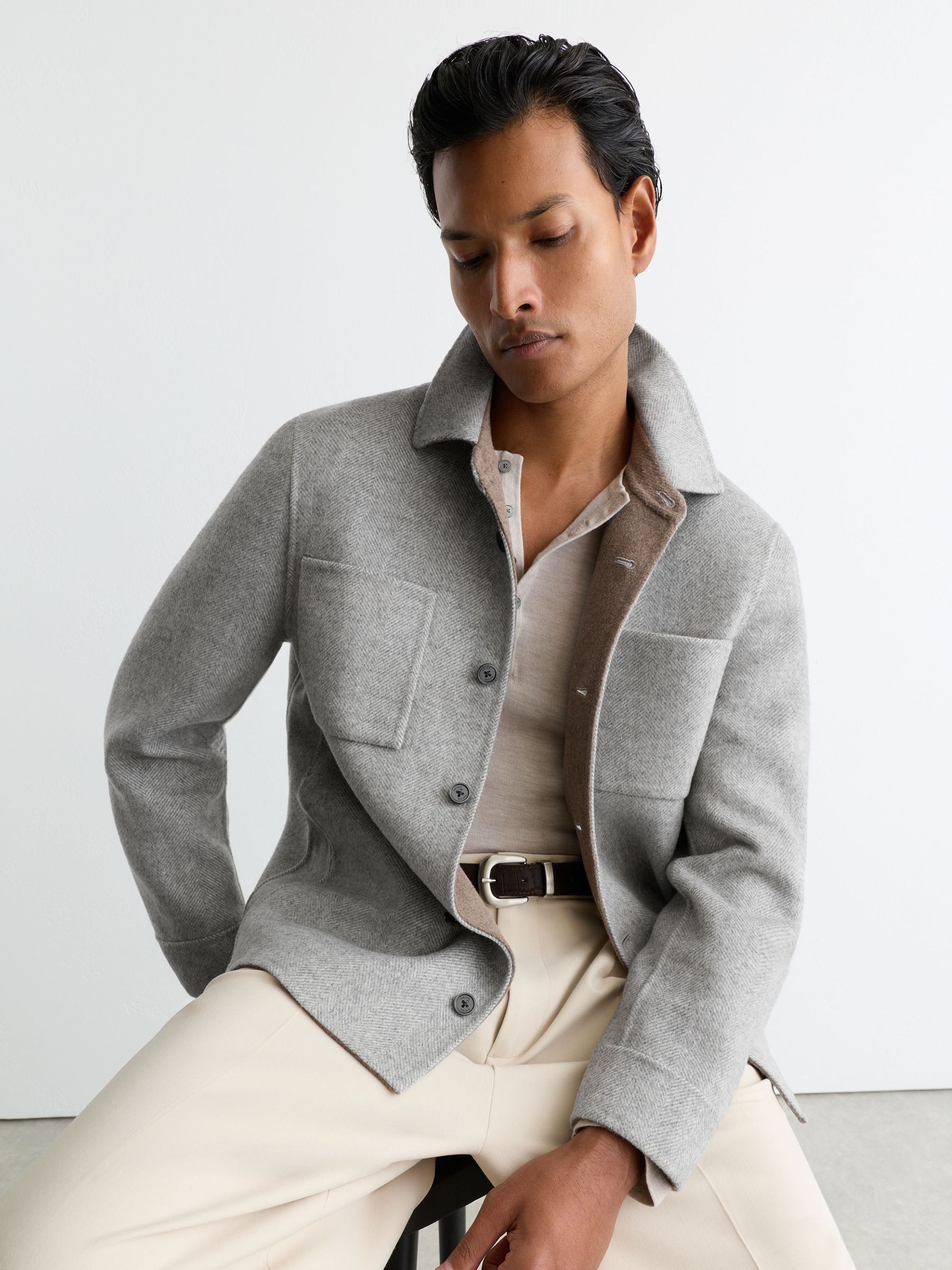 Wool-Blend Herringbone Blind-Seam Overshirt in Soft Grey - Image 1 of 8 Wool-Blend Herringbone Blind-Seam Overshirt in Soft Grey - Image 1 of 8