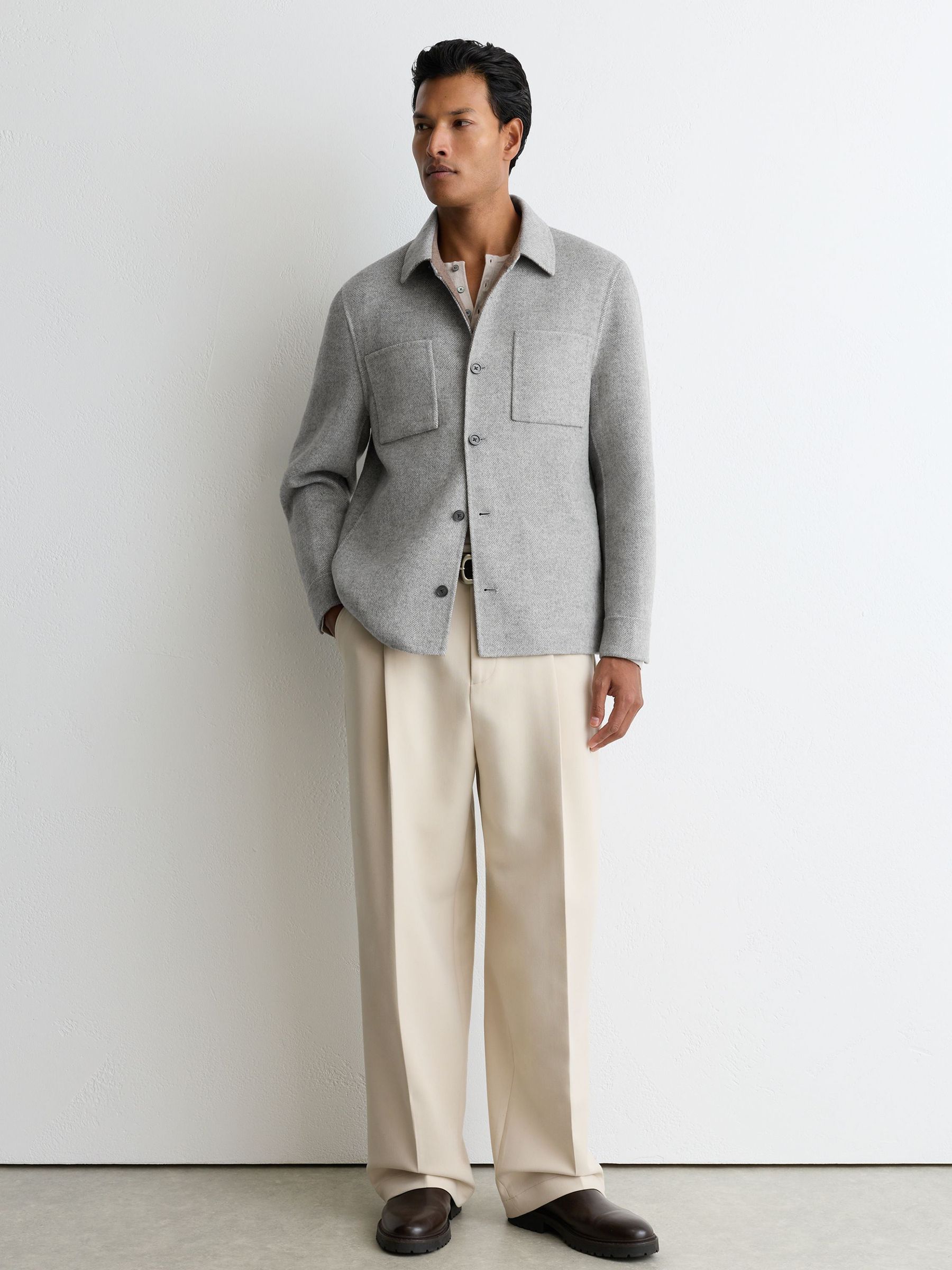 Wool-Blend Herringbone Blind-Seam Overshirt in Soft Grey - Image 3 of 8