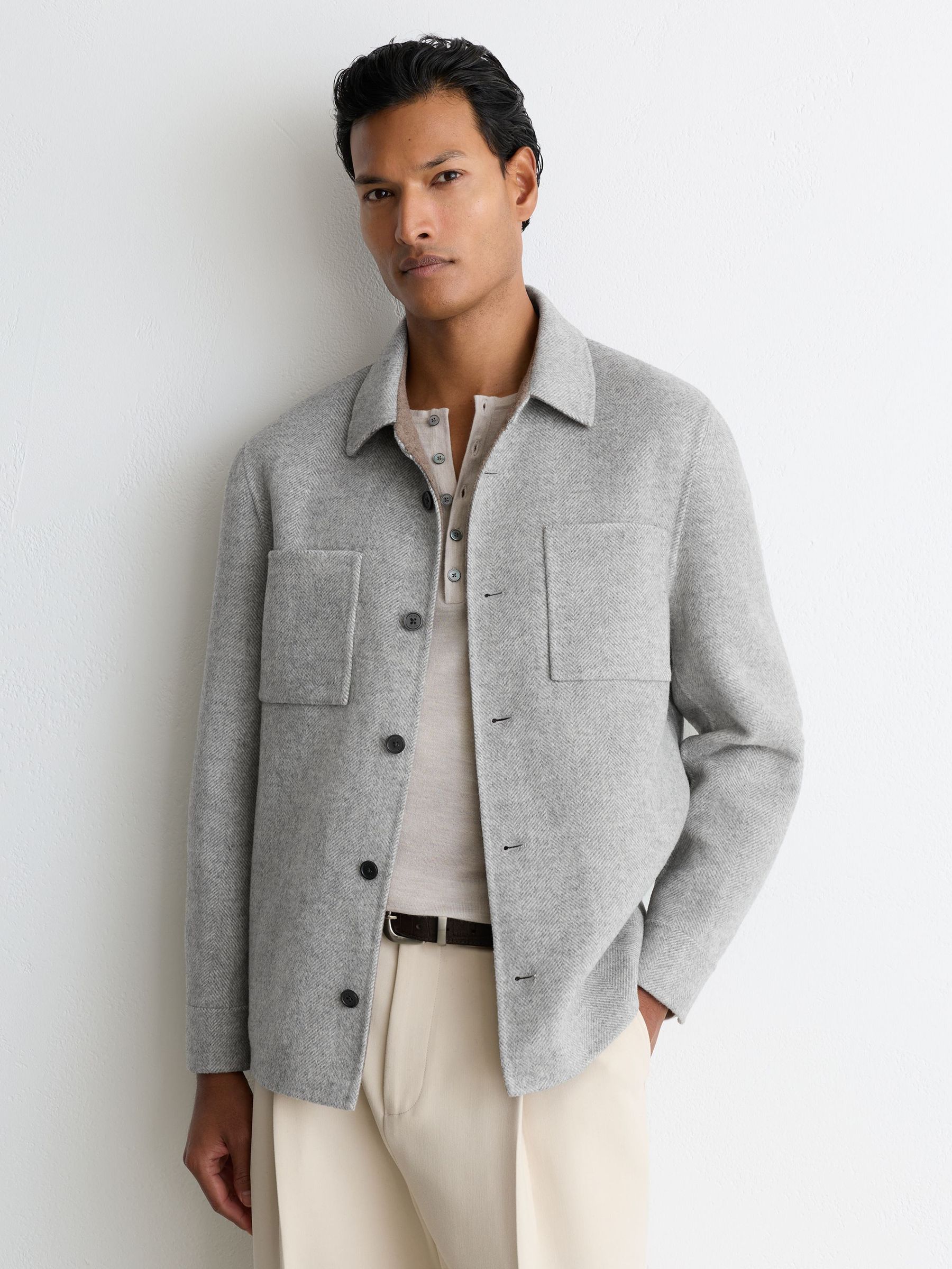 Wool-Blend Herringbone Blind-Seam Overshirt in Soft Grey - Image 6 of 8
