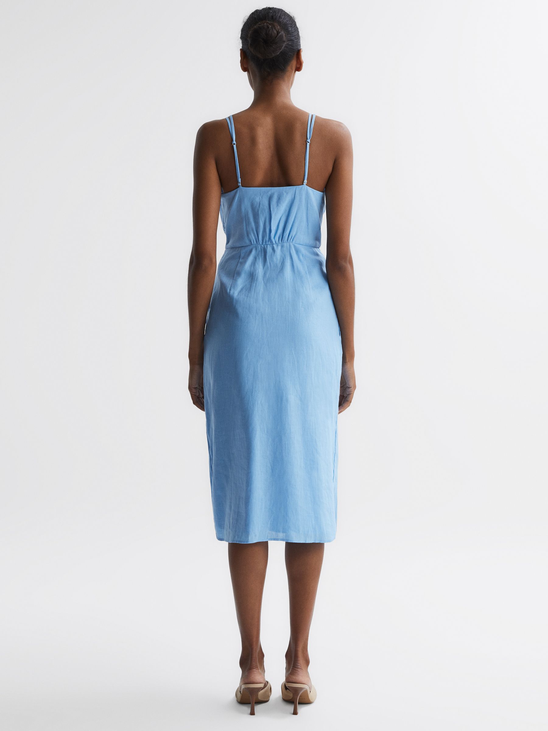 Linen Side Tie Midi Dress in Blue - Image 5 of 6