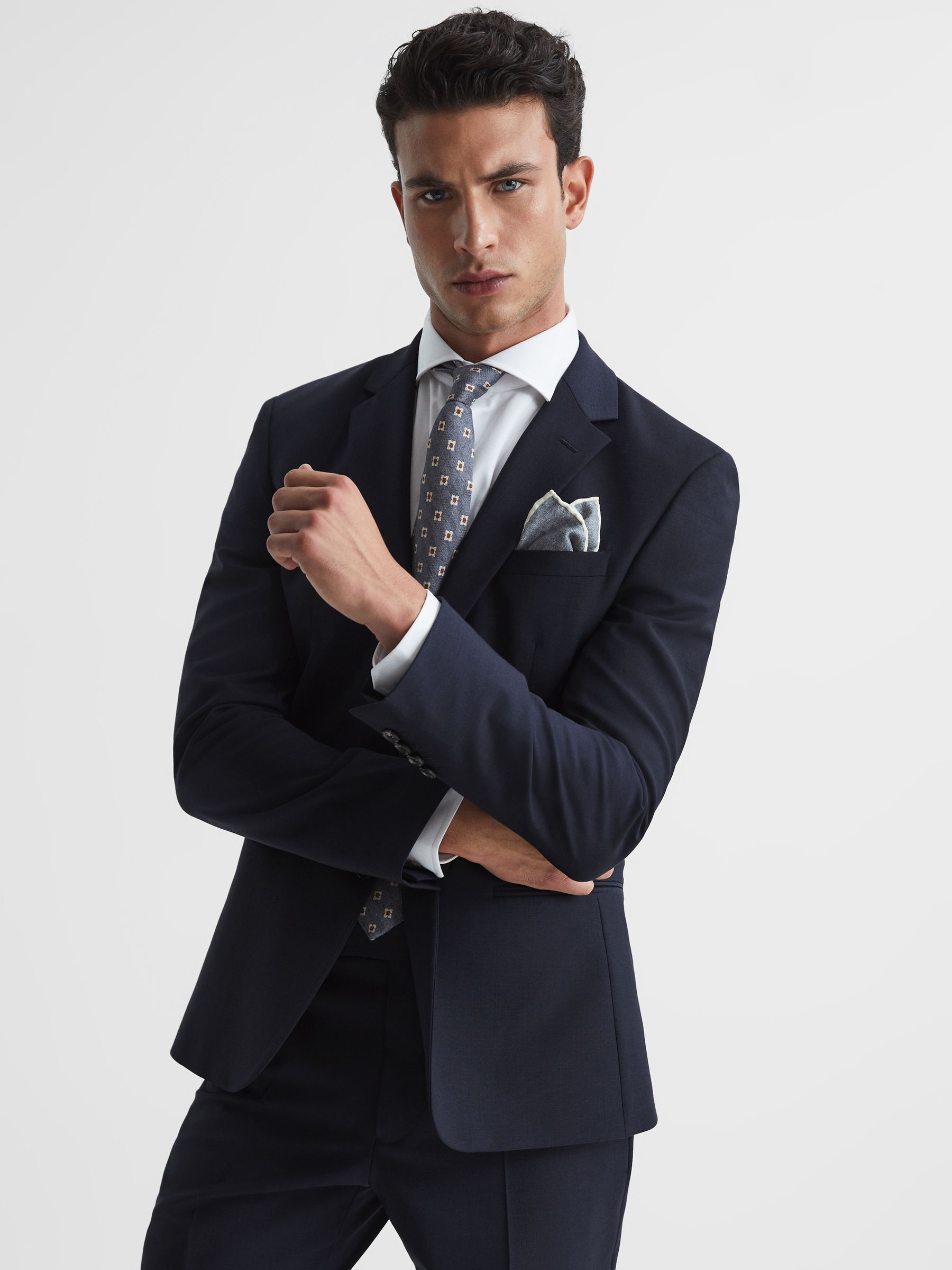 Slim Fit Single Breasted Wool Blazer in Navy - Image 1 of 5