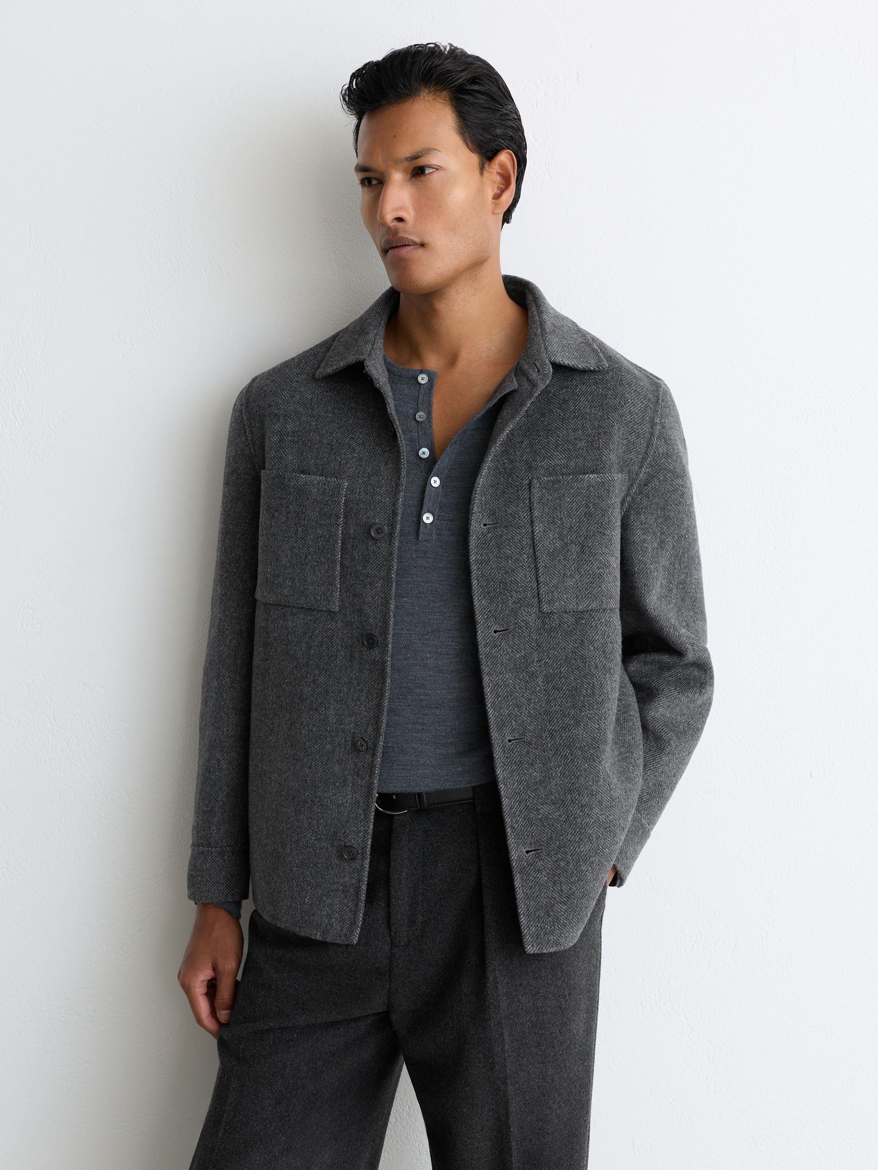 Wool-Blend Herringbone Blind-Seam Overshirt in Charcoal Grey - Image 1 of 7