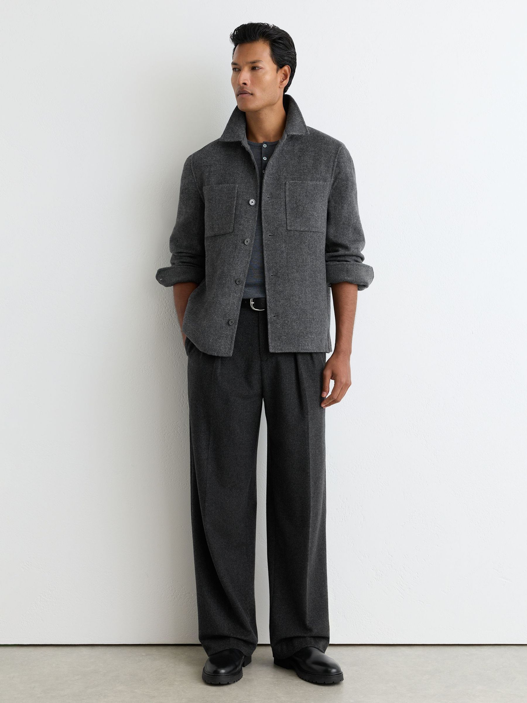 Wool-Blend Herringbone Blind-Seam Overshirt in Charcoal Grey - Image 3 of 7