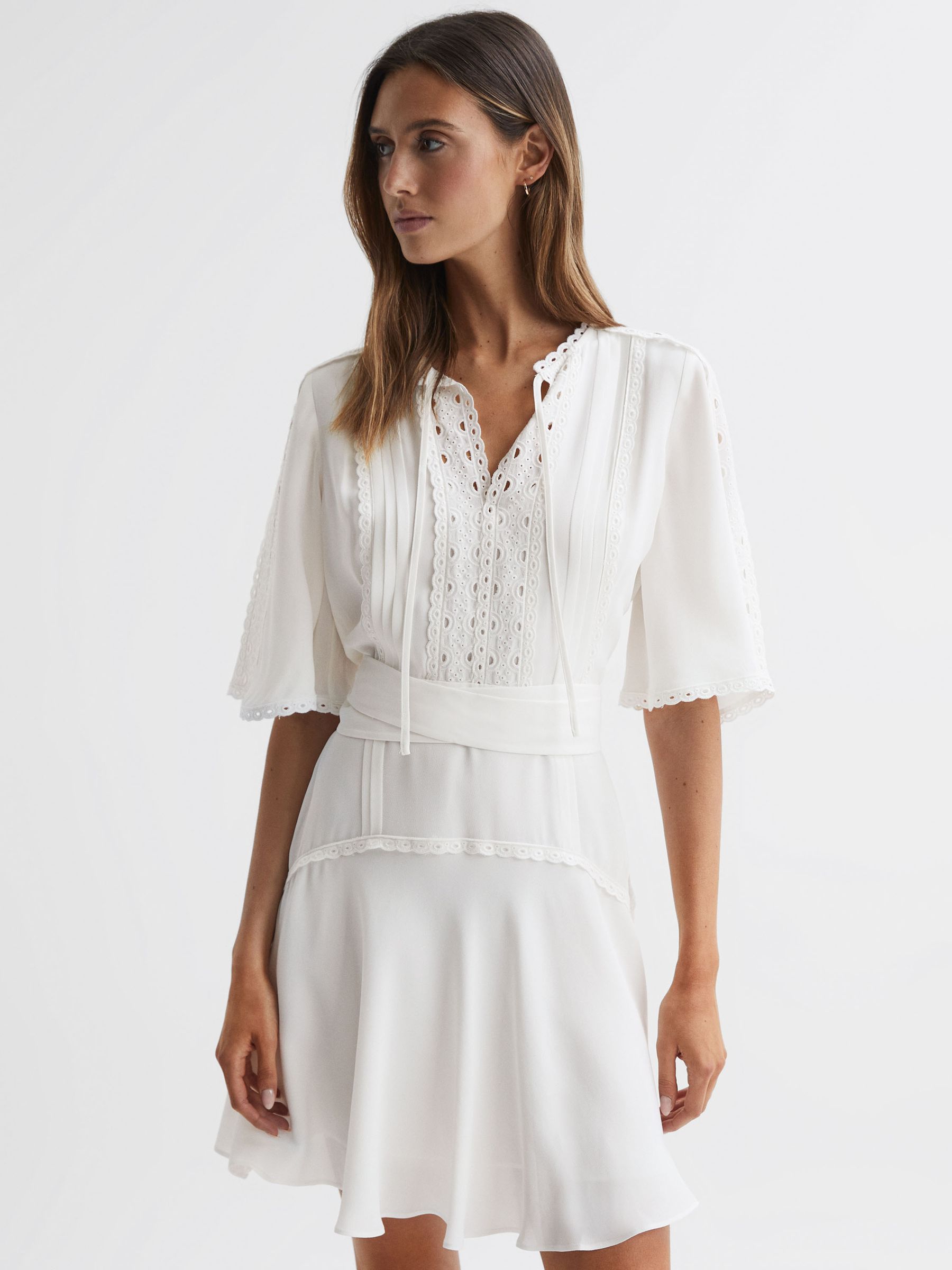 High Neck Lace Mini Dress in Ivory - Image 1 of 5