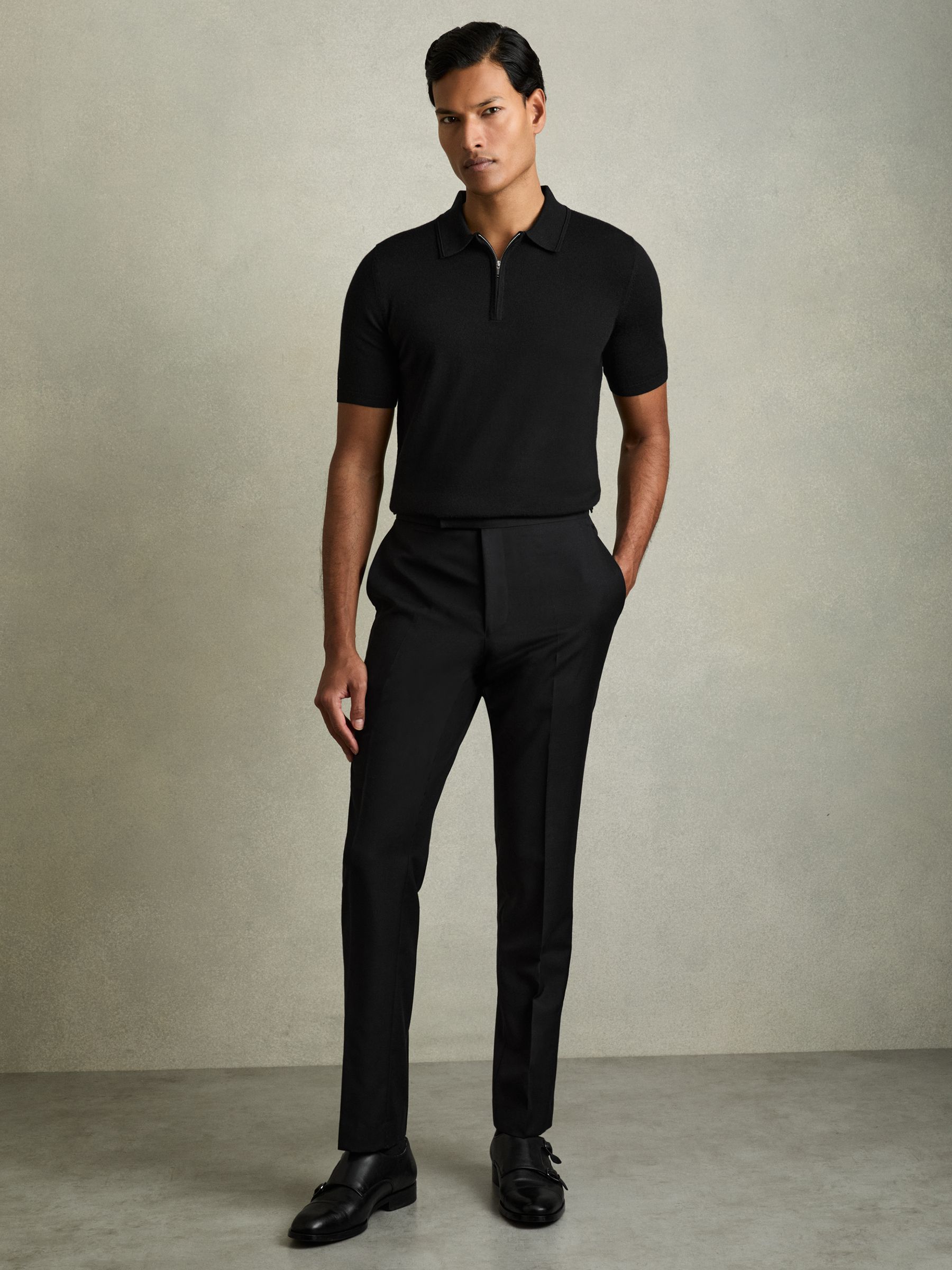 Merino Wool Half-Zip Polo Shirt in Black - Image 1 of 6