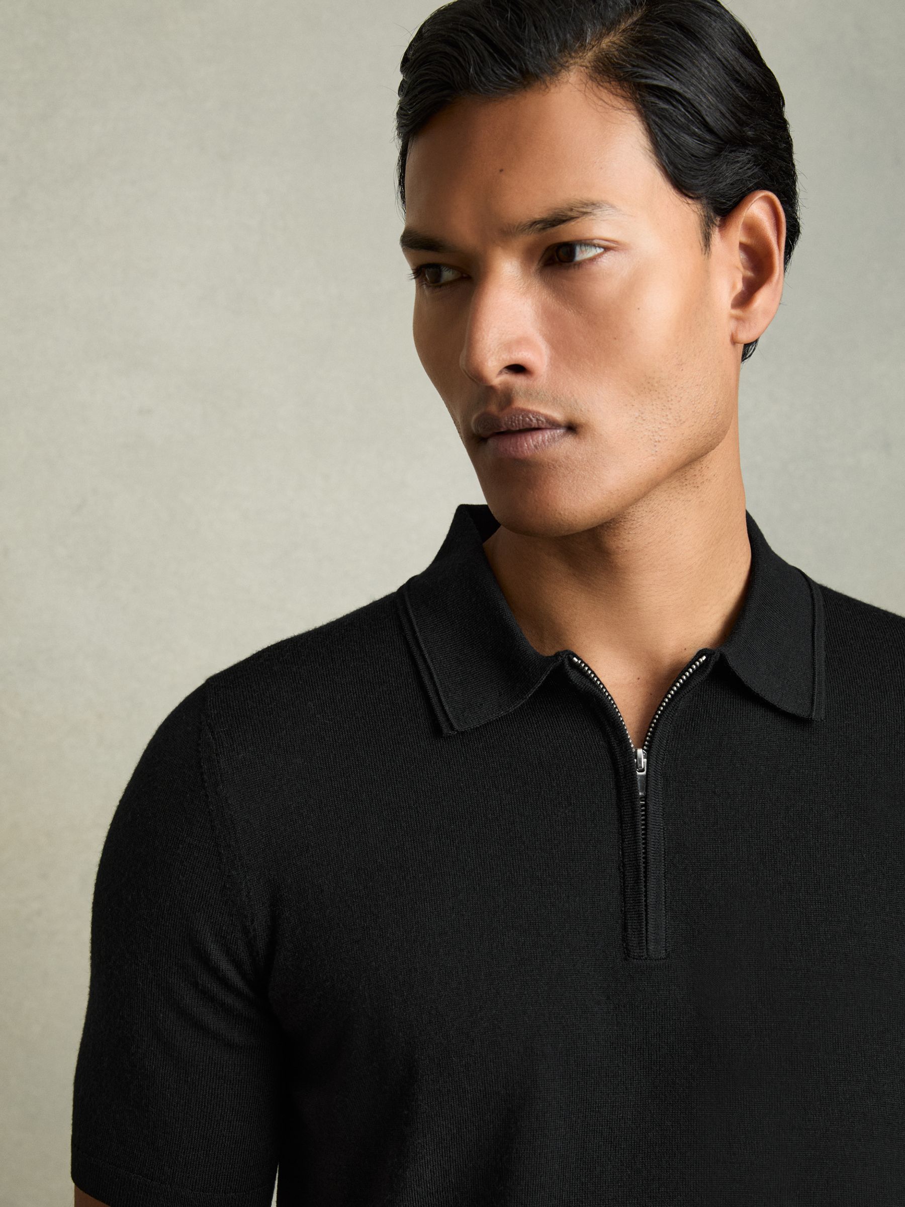 Merino Wool Half-Zip Polo Shirt in Black - Image 3 of 6