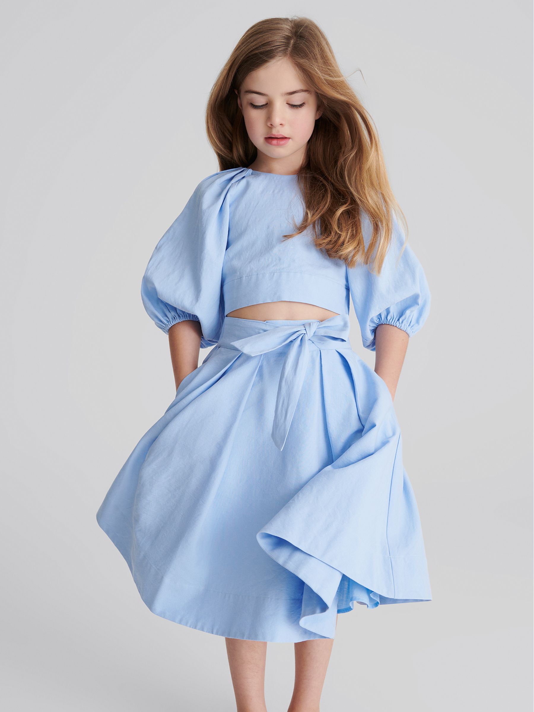 Tie Front Linen Midi Skirt in Blue - Image 1 of 7