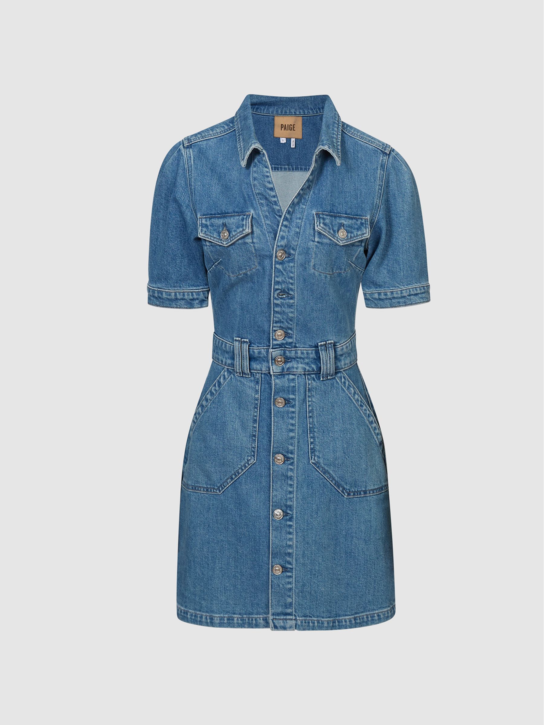 paige denim mini dress PAIGE Kiya Short-Sleeve A-Line Denim Mini Dress