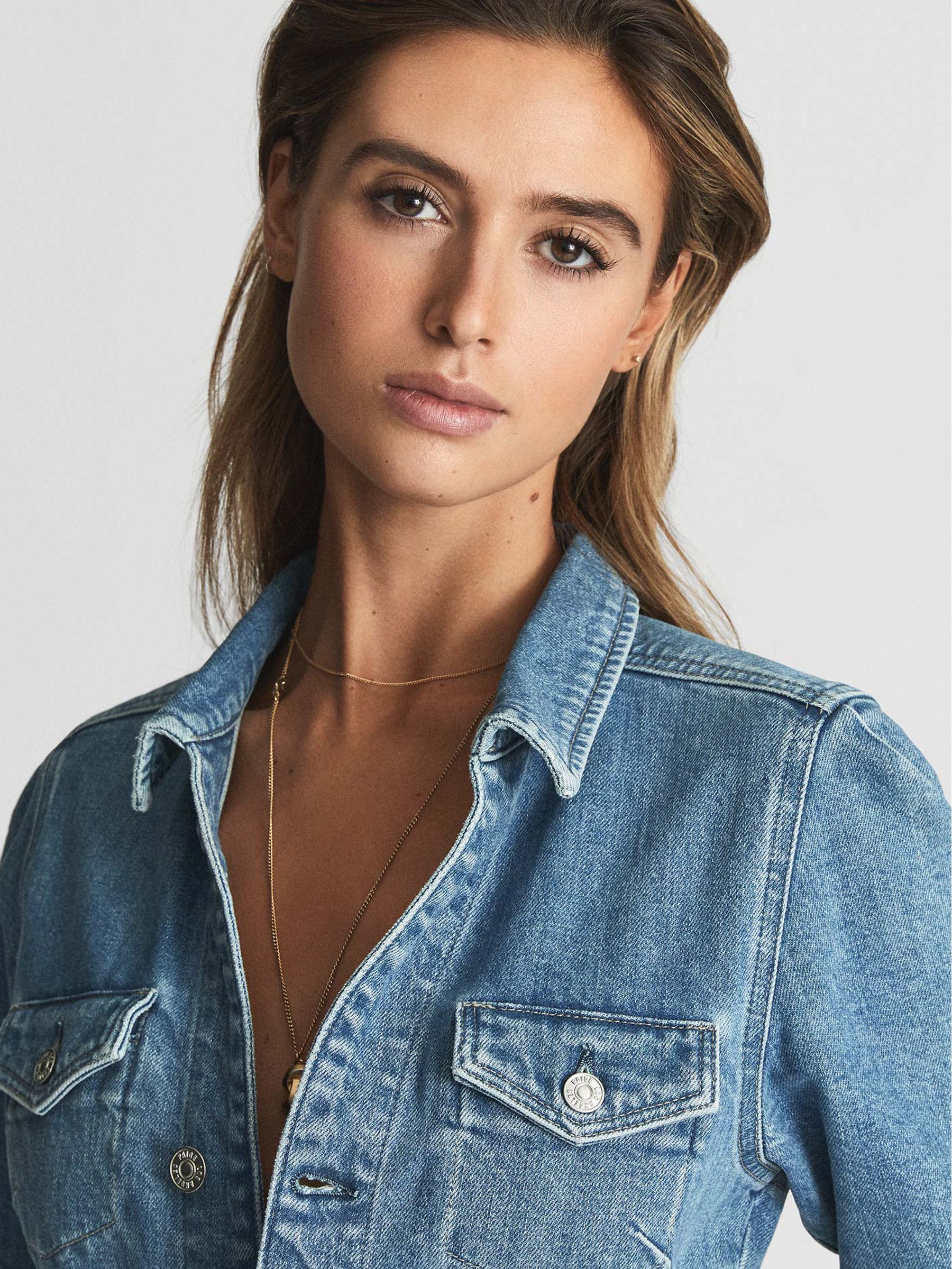 PAIGE Button Through Denim Mini Dress in Mid Blue - Image 3 of 7