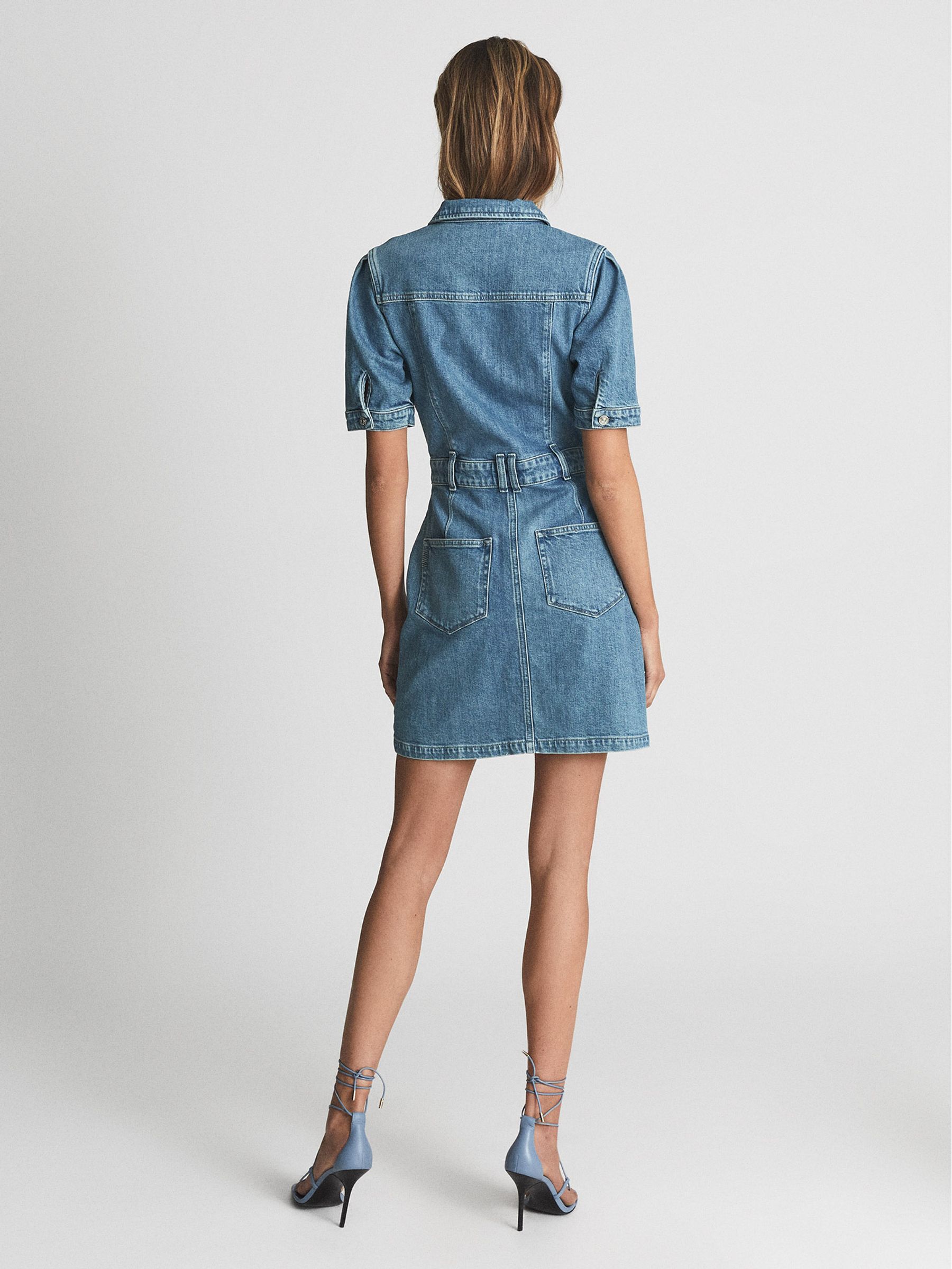 PAIGE Button Through Denim Mini Dress in Mid Blue - Image 5 of 7