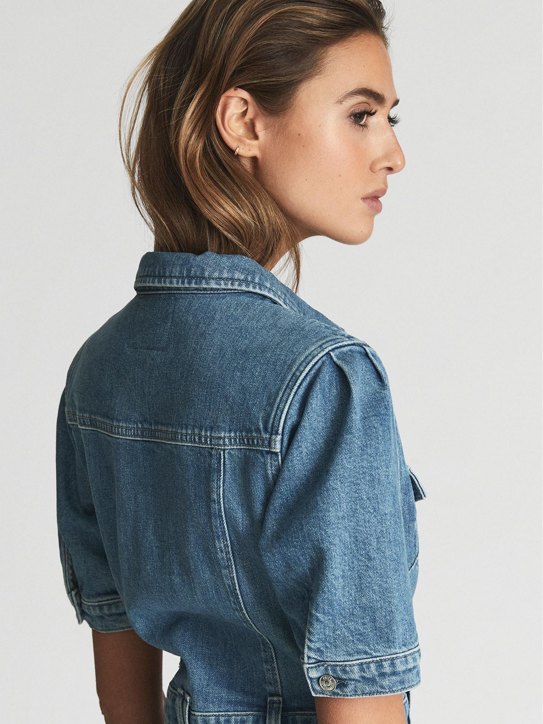 PAIGE Button Through Denim Mini Dress in Mid Blue - Image 6 of 7