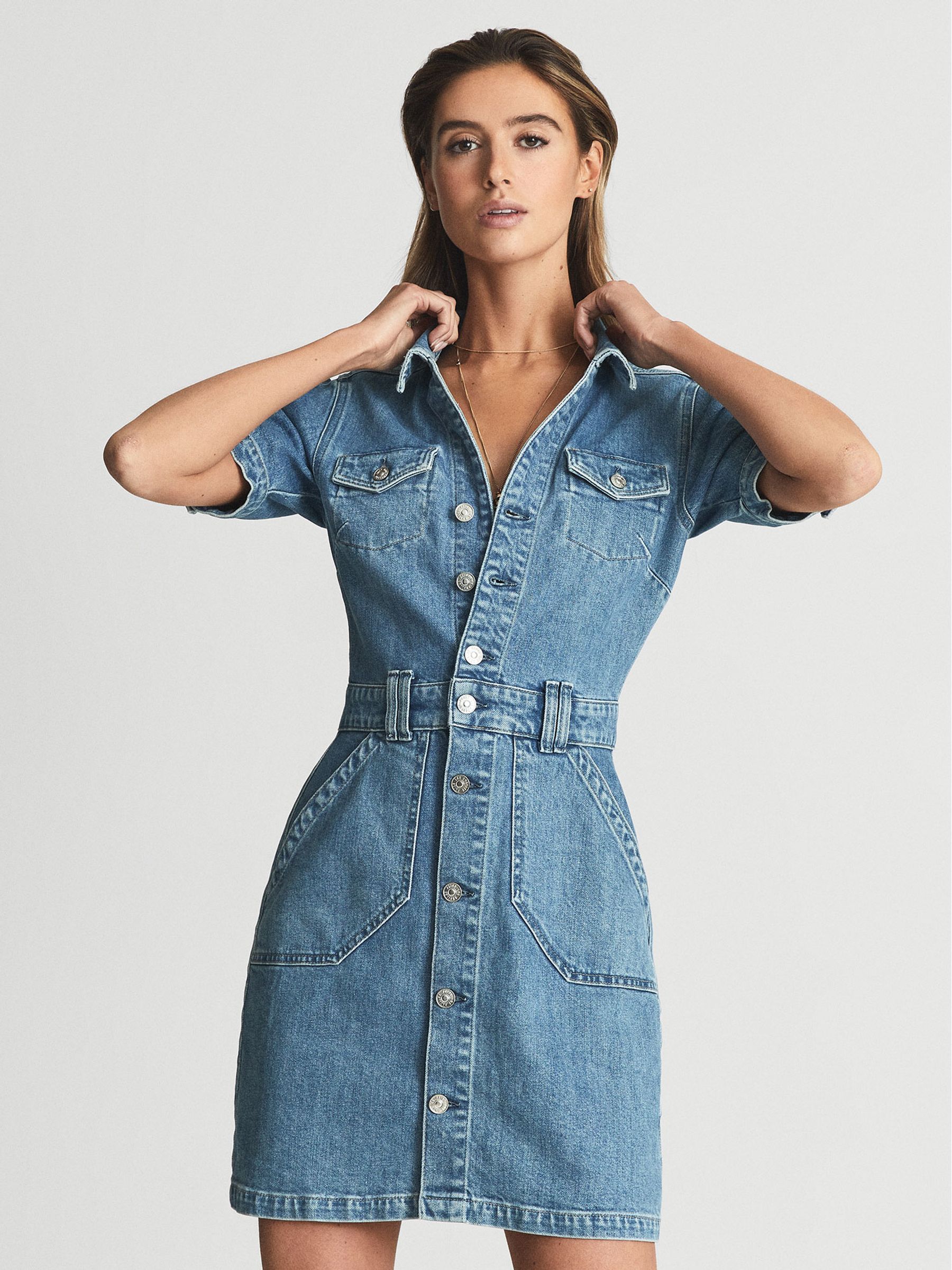 PAIGE Button Through Denim Mini Dress in Mid Blue - Image 7 of 7
