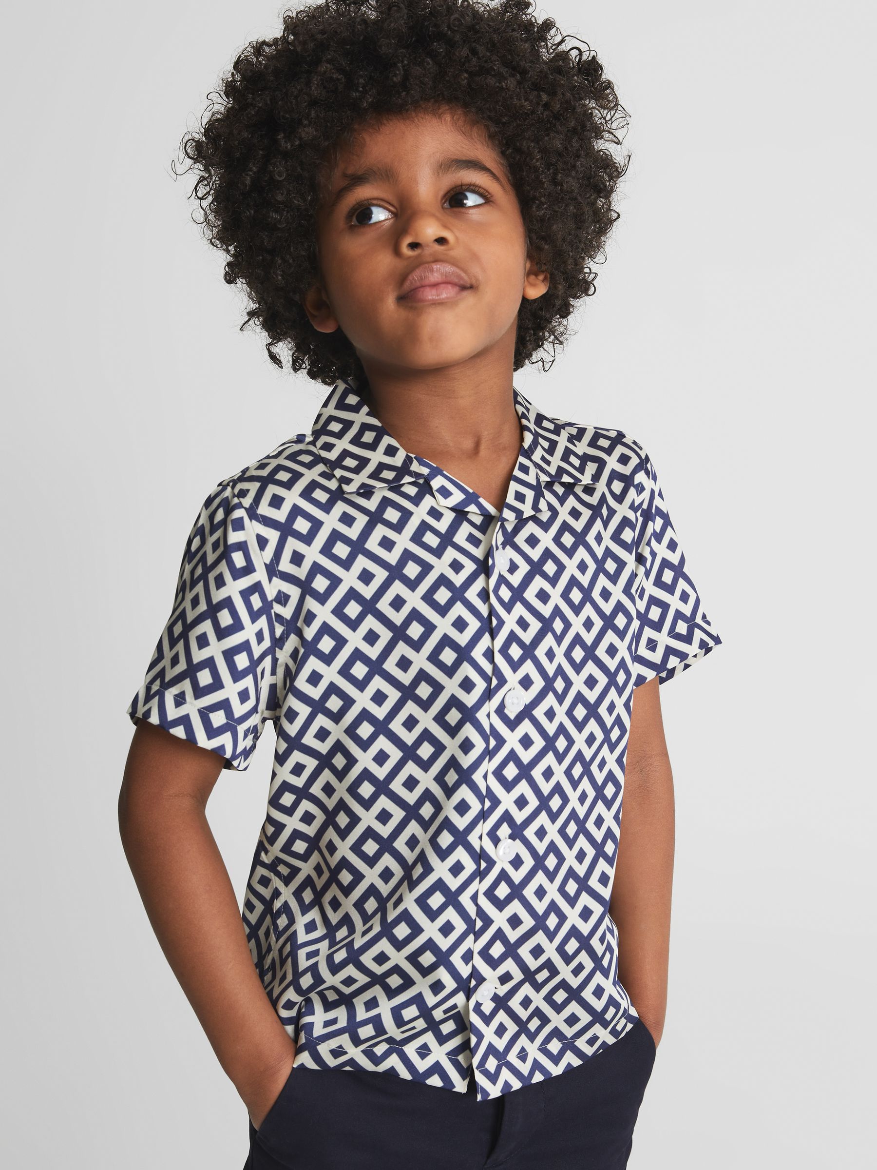 Cuban Collar Geo Print Shirt in Navy - Image 1 of 6
