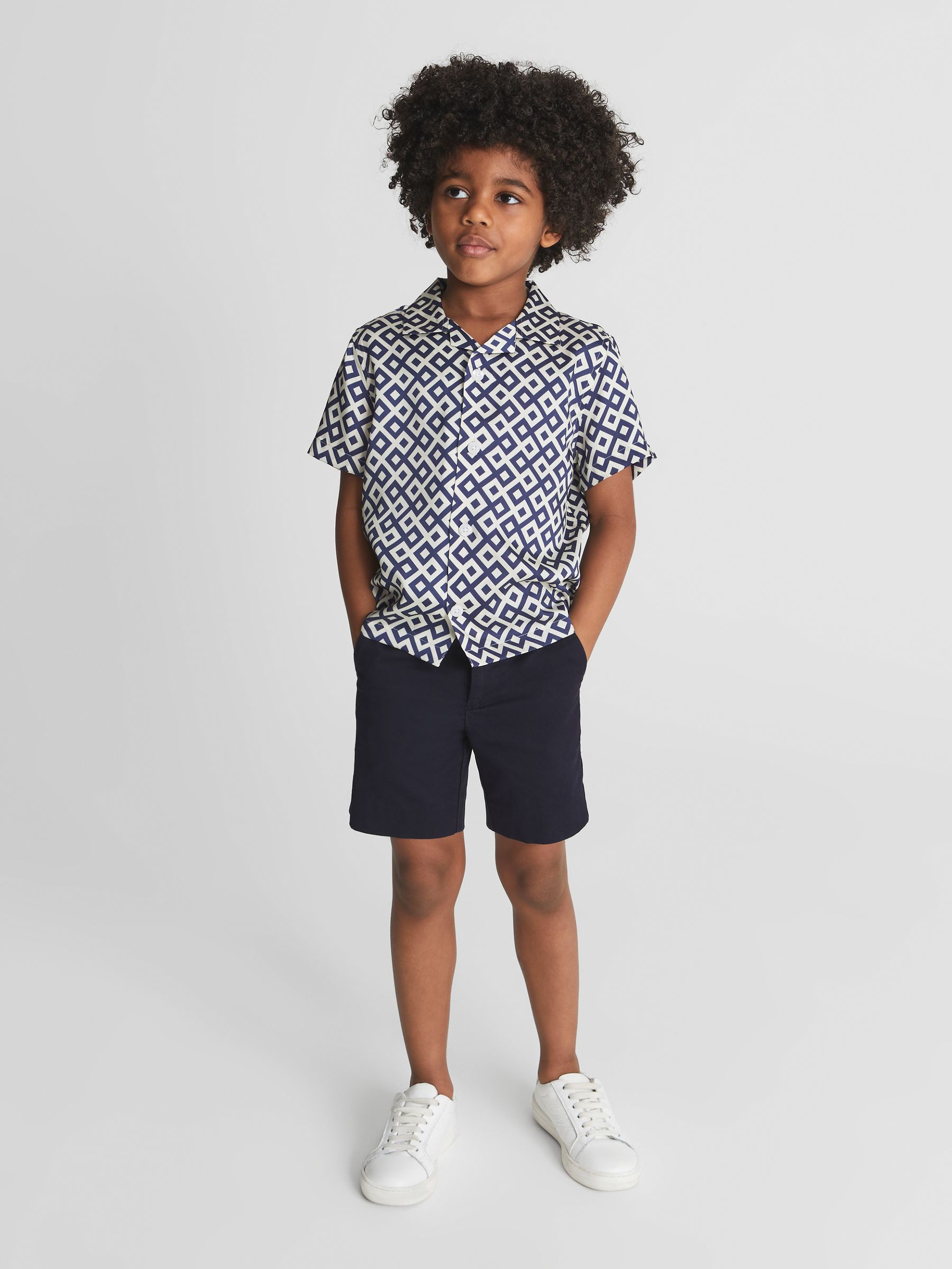 Cuban Collar Geo Print Shirt in Navy - Image 3 of 6