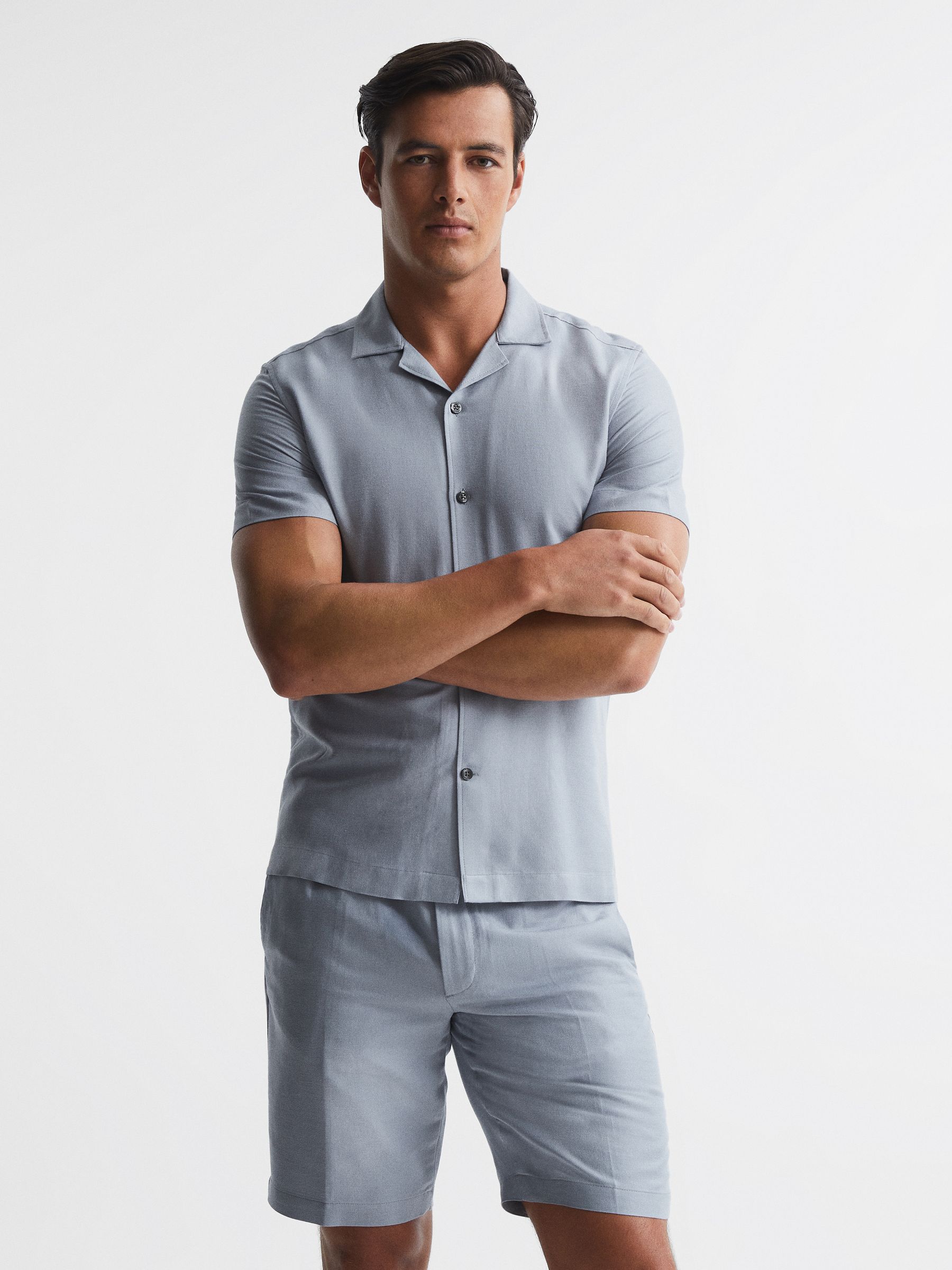 Linen Blend Cuban Collar Shirt in Airforce Blue - Image 1 of 6